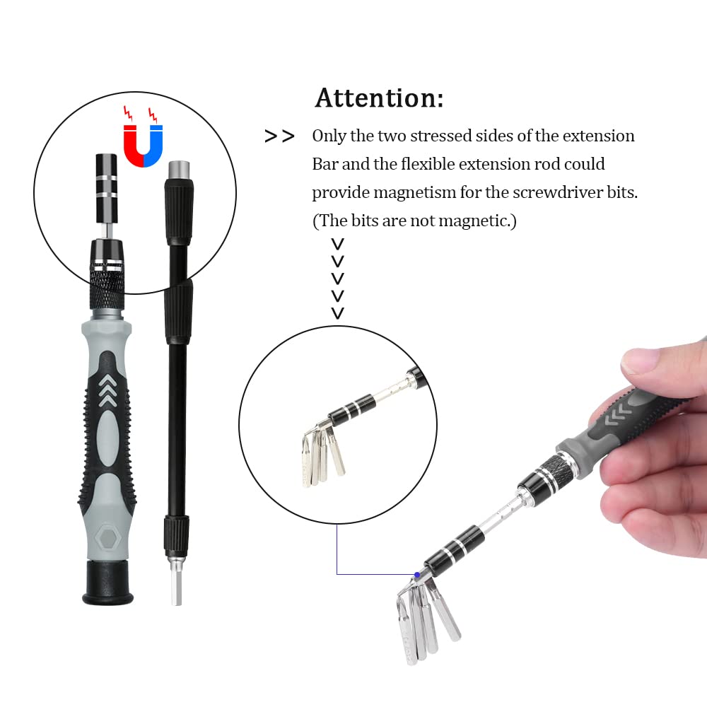 Craques precision screwdriver set with magnetic flexible extension rod and ergonomic handle
