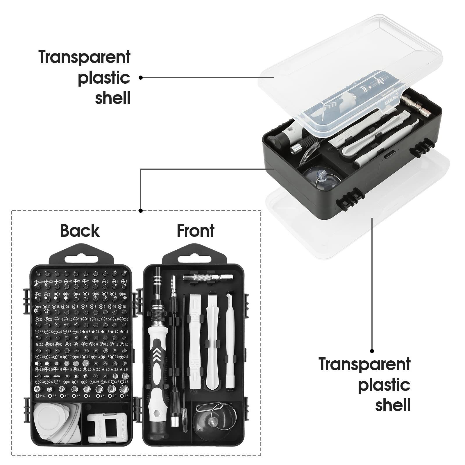 Craques precision screwdriver set with transparent plastic shell and multiple interchangeable bits