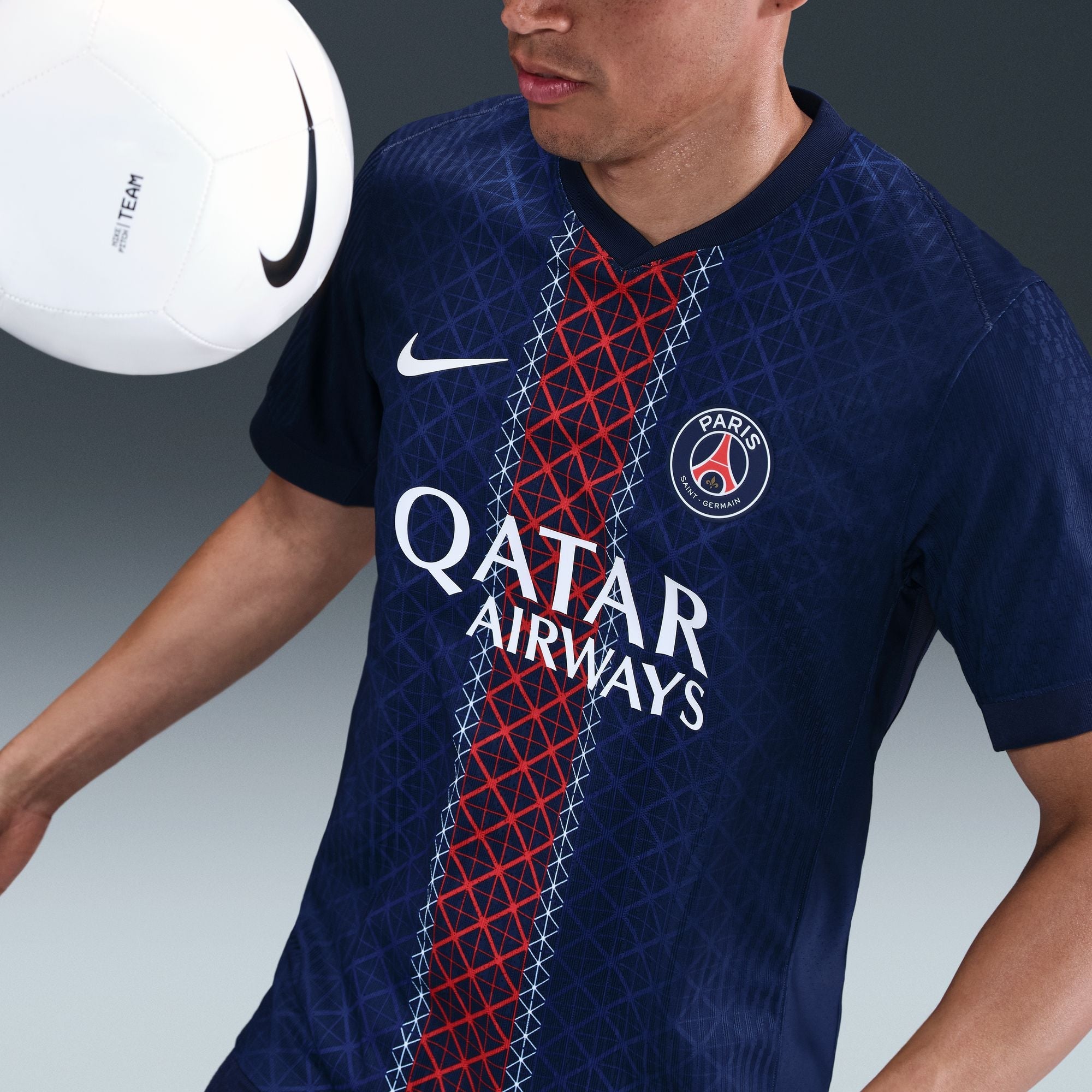 BB Branded PSG 2025/26 home jersey men's in navy with red accents and Qatar Airways logo