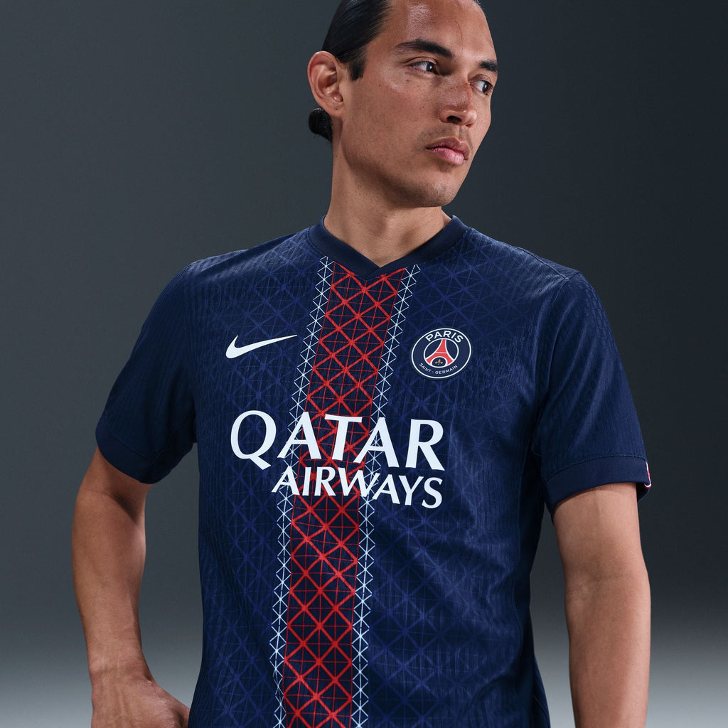 PSG 2025/26 home jersey men's in navy with geometric pattern and Qatar Airways logo