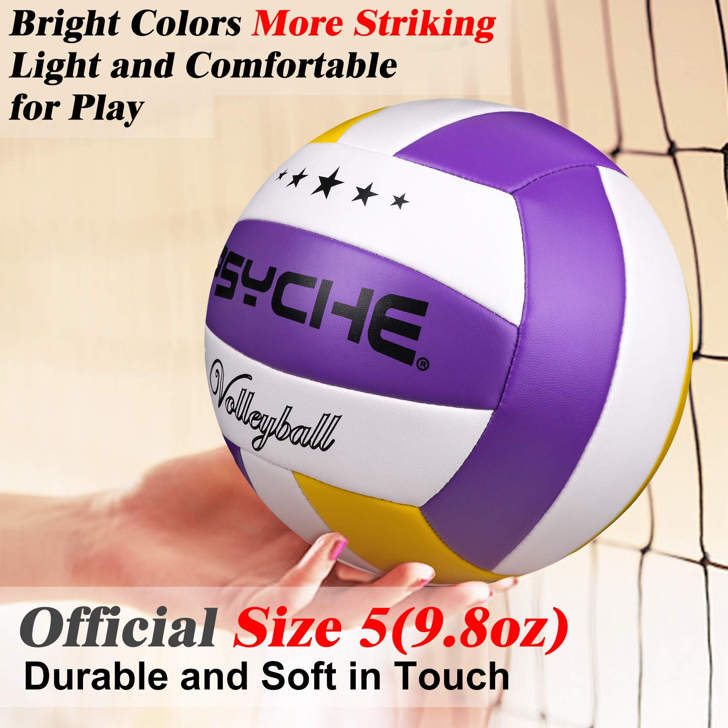 Craques official size 5 volleyball in purple white and yellow held near net for indoor play