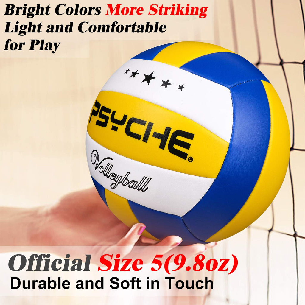 craques official size 5 volleyball in blue yellow and white held near net for indoor play