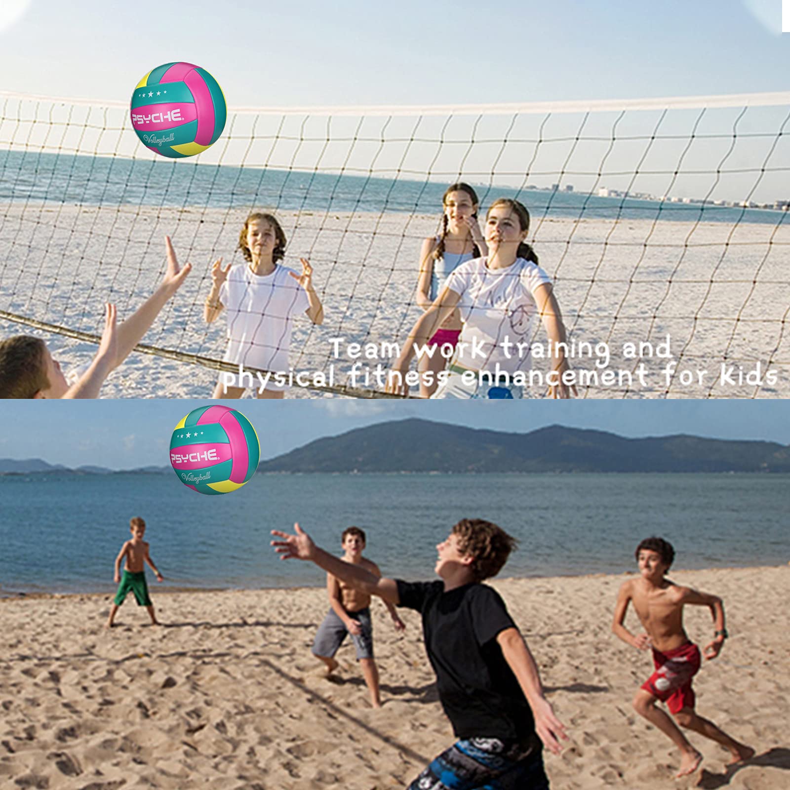 Kids playing volleyball on the beach using an official size 5 volleyball by craques for teamwork and fitness