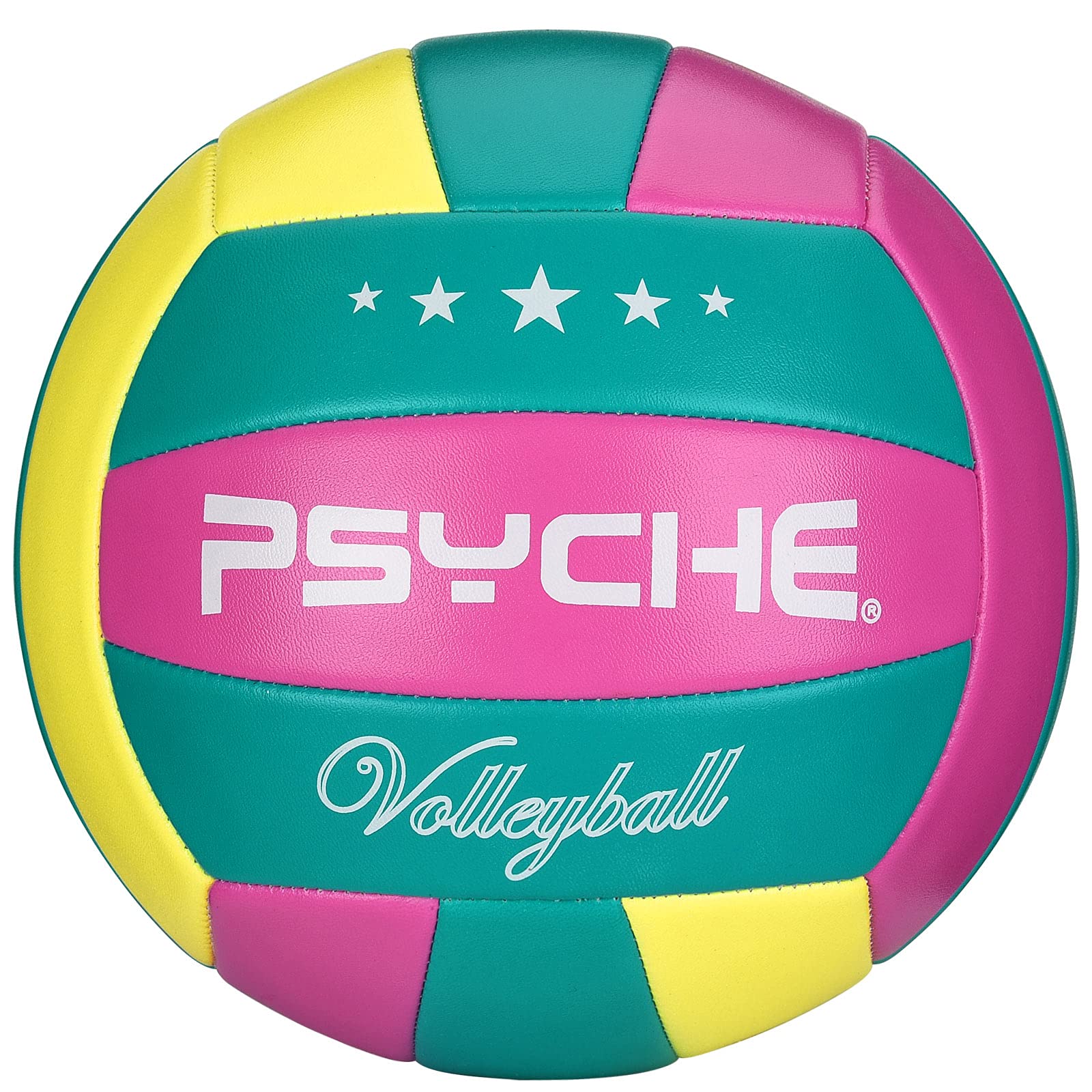 Craques Psyche volleyball in teal pink and yellow official size 5 volleyball with star design