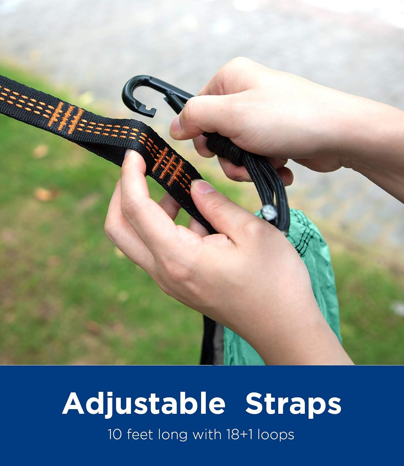 Hands attaching adjustable straps with carabiner on ultralight camping hammock from craques