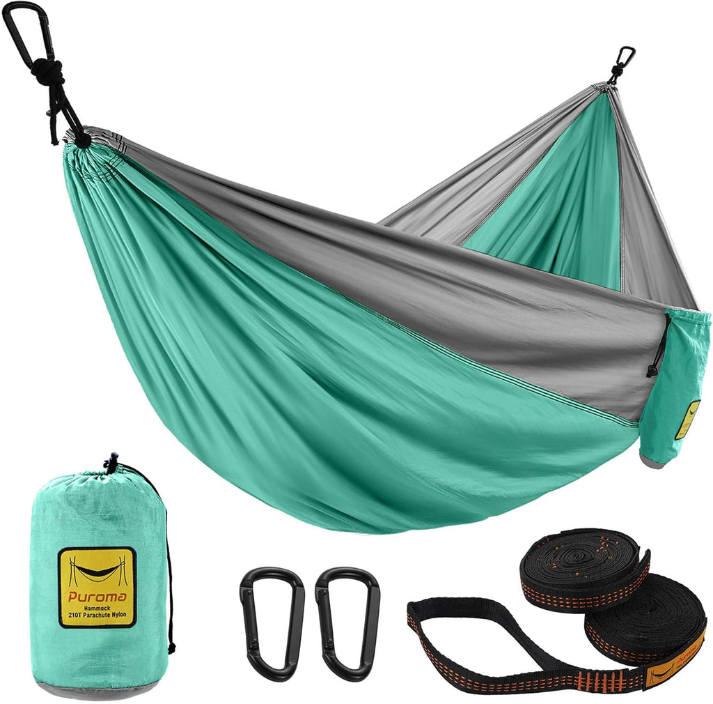 Craques ultralight camping hammock in green and gray with carabiners straps and carry bag