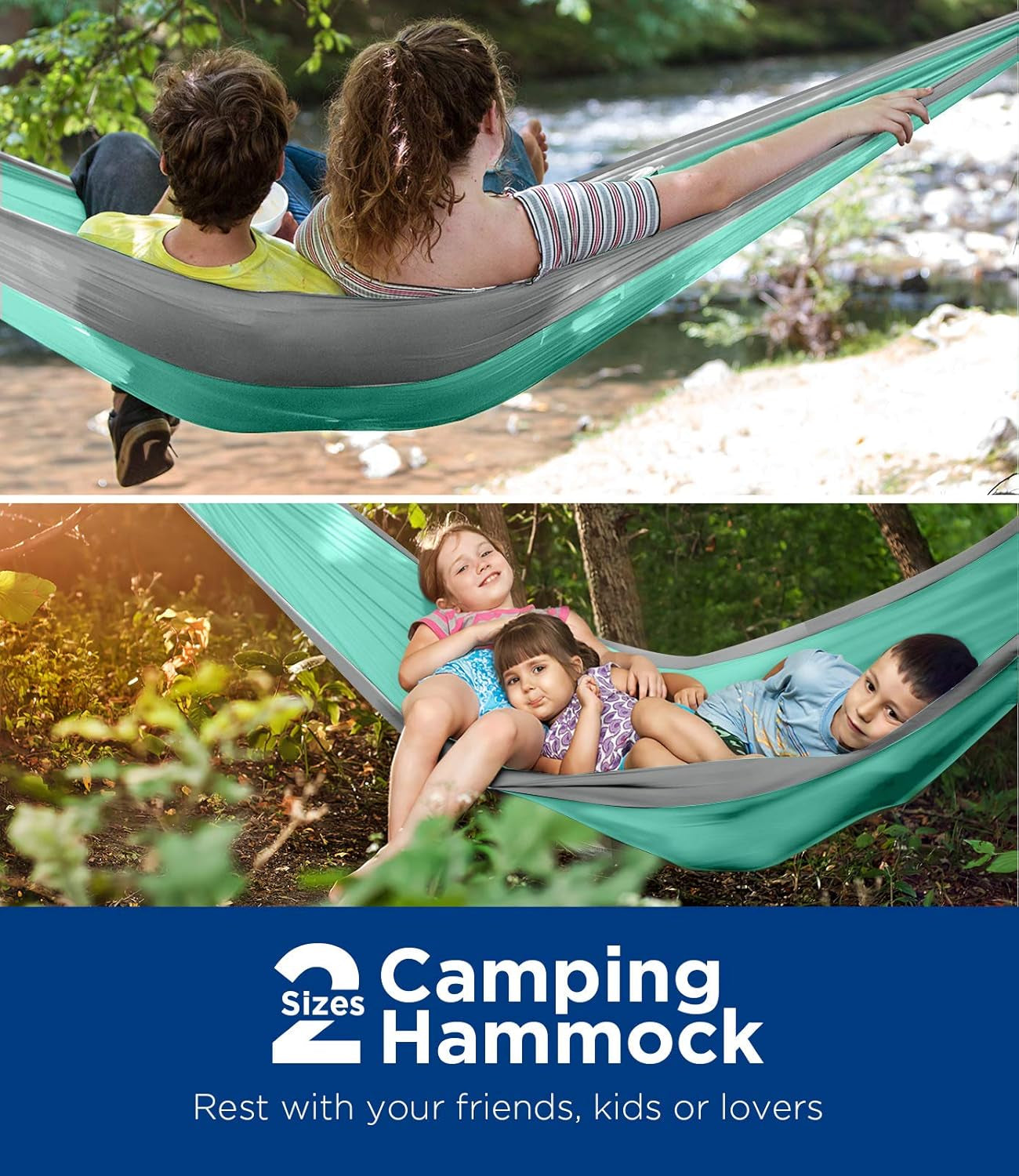 Craques ultralight camping hammock in green and gray with kids and adults relaxing outdoors by a river