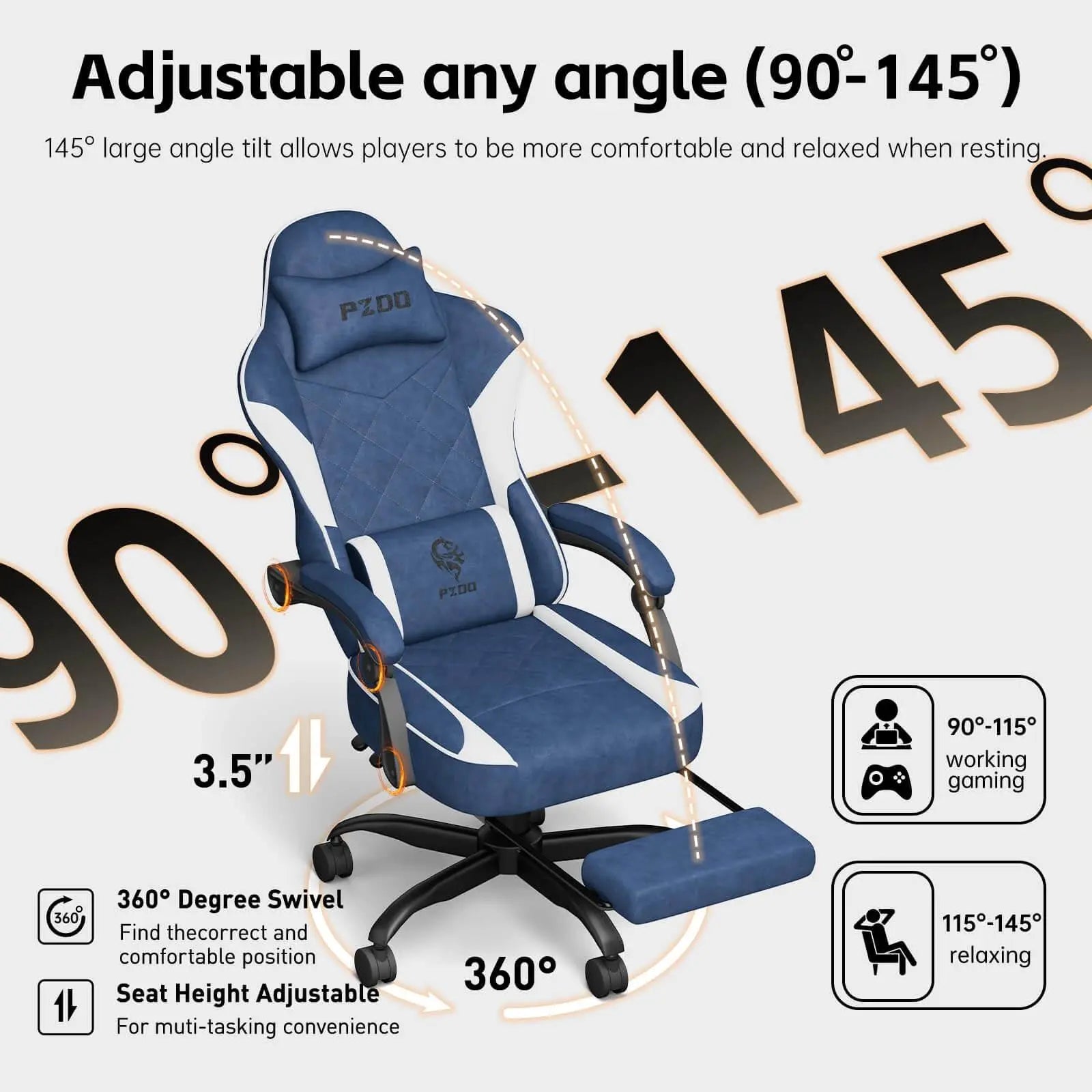 Ergonomic gaming chair for adults in blue and white with adjustable recline, footrest, and 360 degree swivel