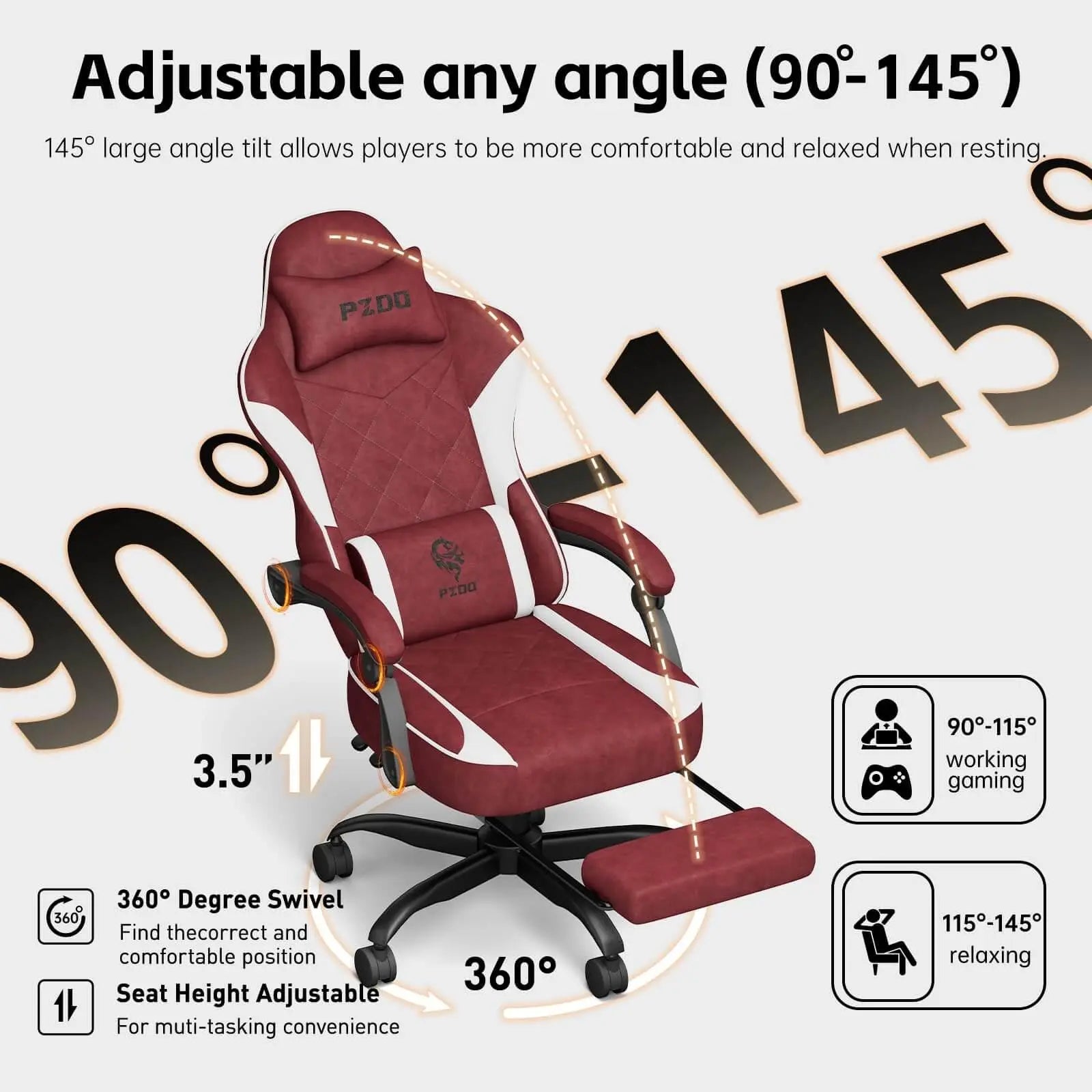 Ergonomic gaming chair for adults in maroon and white with adjustable reclining angles and footrest