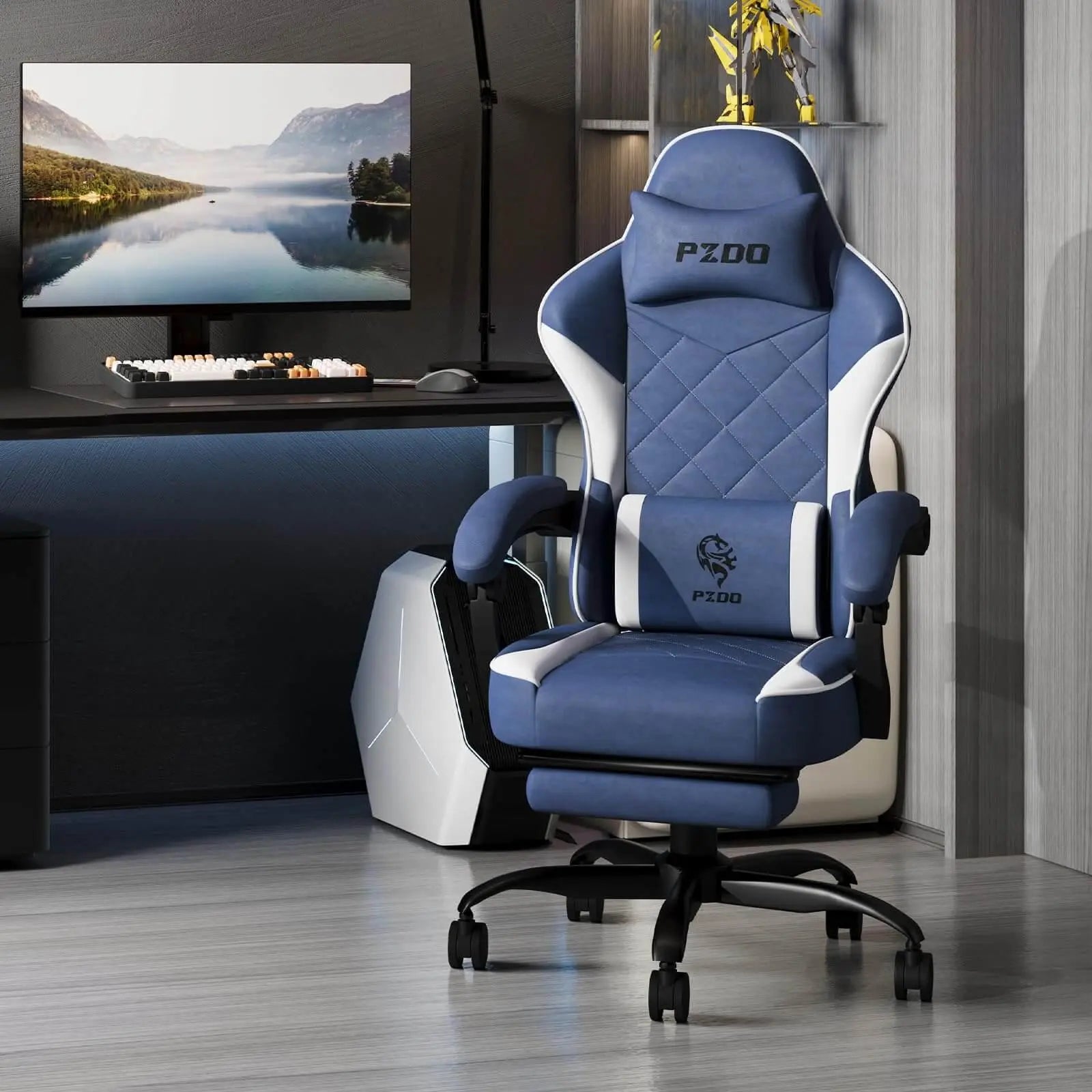 Blue and white ergonomic gaming chair for adults with adjustable armrests and padded seat in modern gaming setup