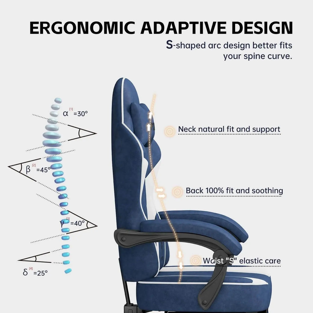 Ergonomic gaming chair for adults with S-shaped adaptive design providing neck, back, and waist support