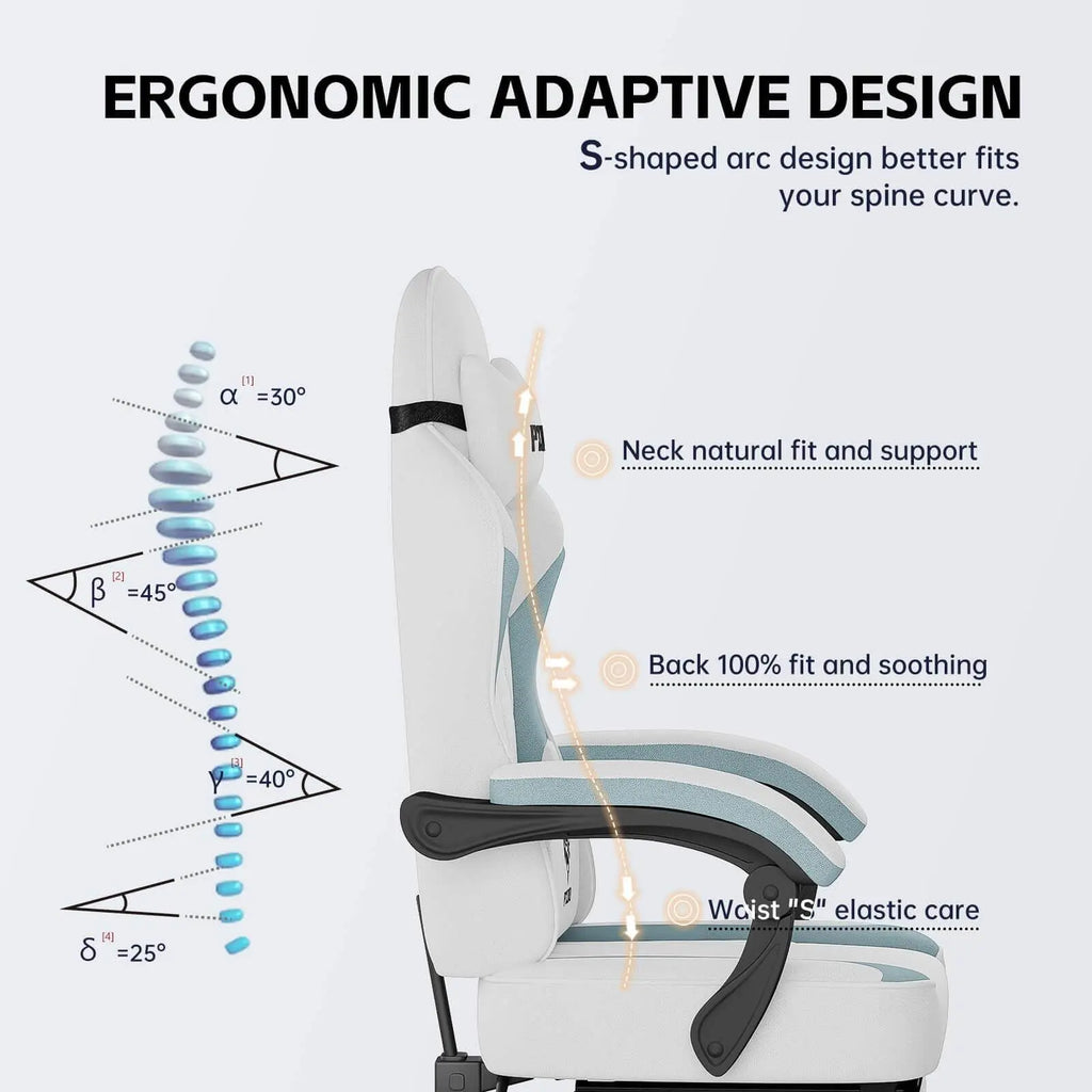 Ergonomic gaming chair for adults with adaptive S-shaped design for neck support and back comfort