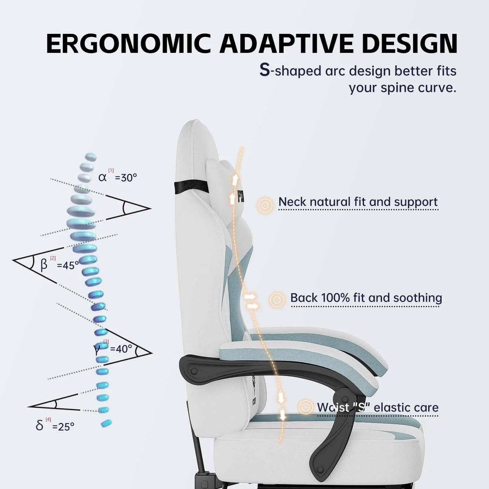 Ergonomic gaming chair for adults with adaptive S-shaped design for neck support and back comfort