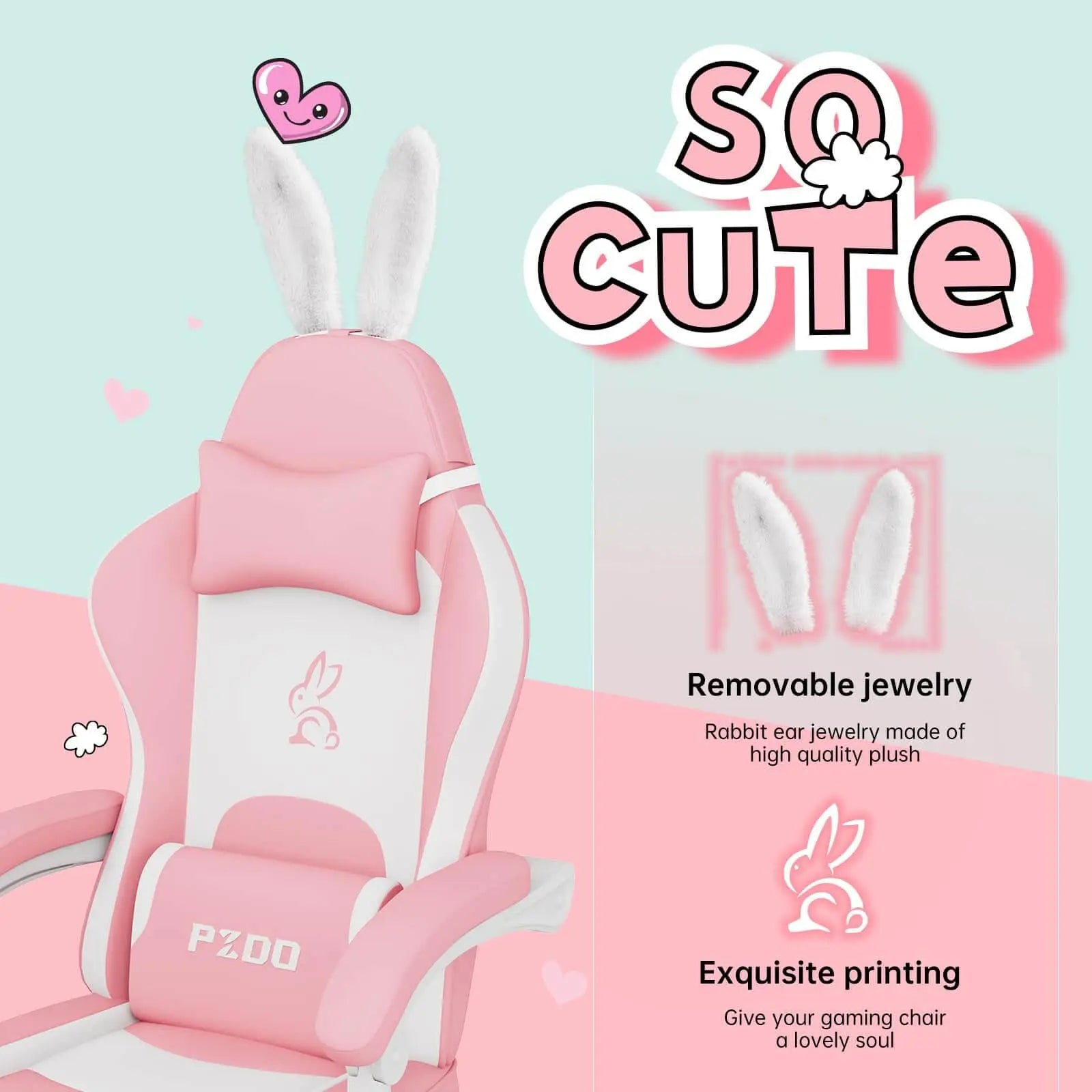 Craques pink ergonomic gaming chair for adults with removable rabbit ear plush and exquisite printing design