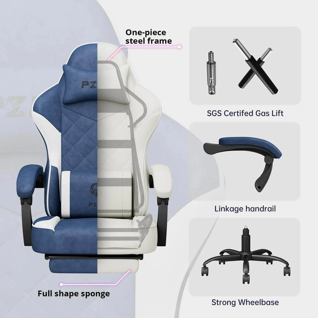 Ergonomic gaming chair for adults with one-piece steel frame, SGS certified gas lift, linkage handrail, full shape sponge, and strong wheelbase