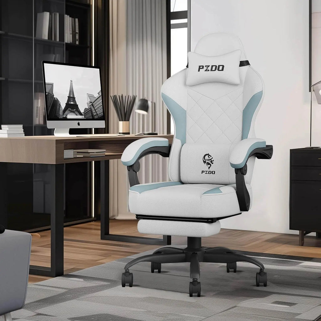 Craques ergonomic gaming chair for adults in white with blue accents and adjustable armrests in modern office
