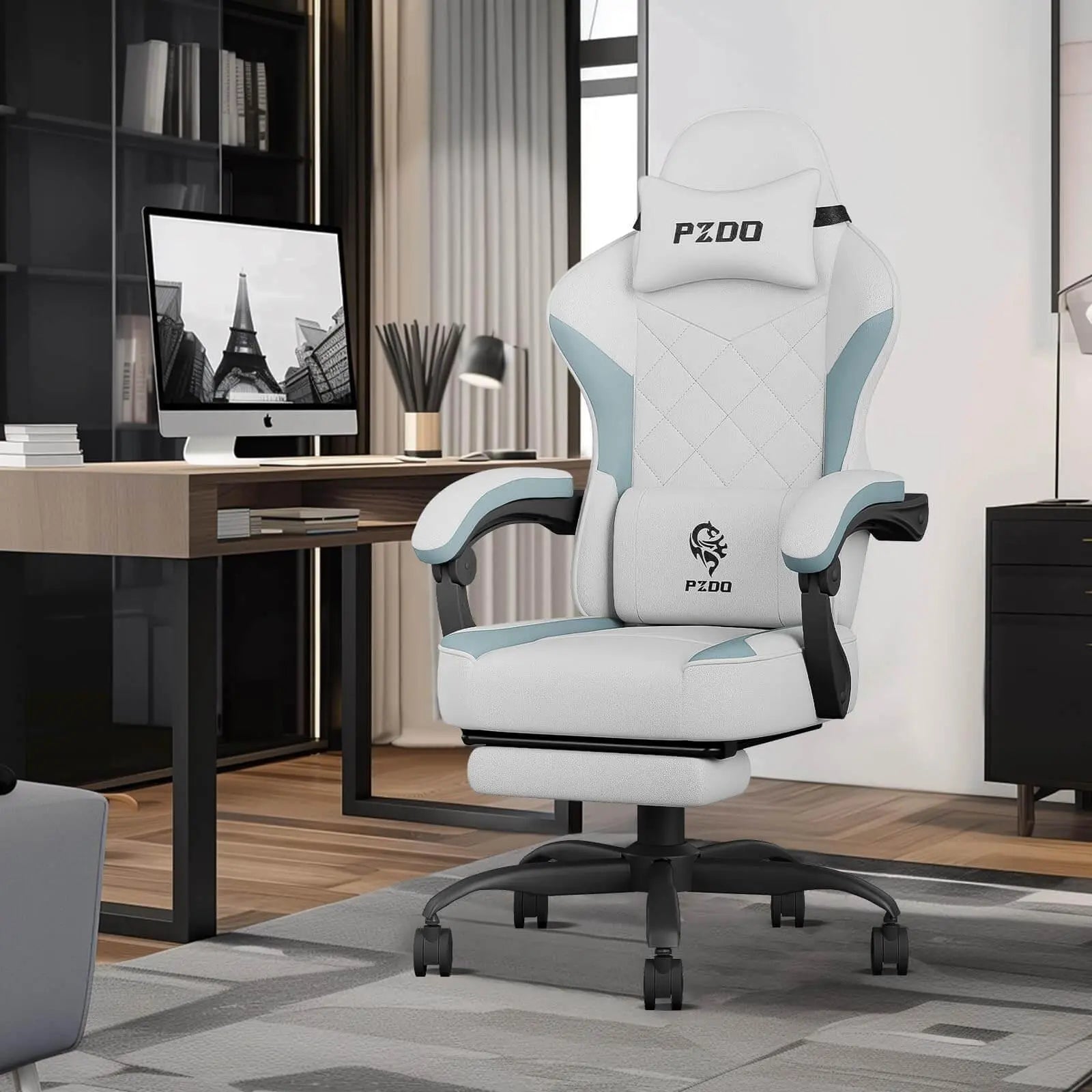 Craques ergonomic gaming chair for adults in white with blue accents and adjustable armrests in modern office