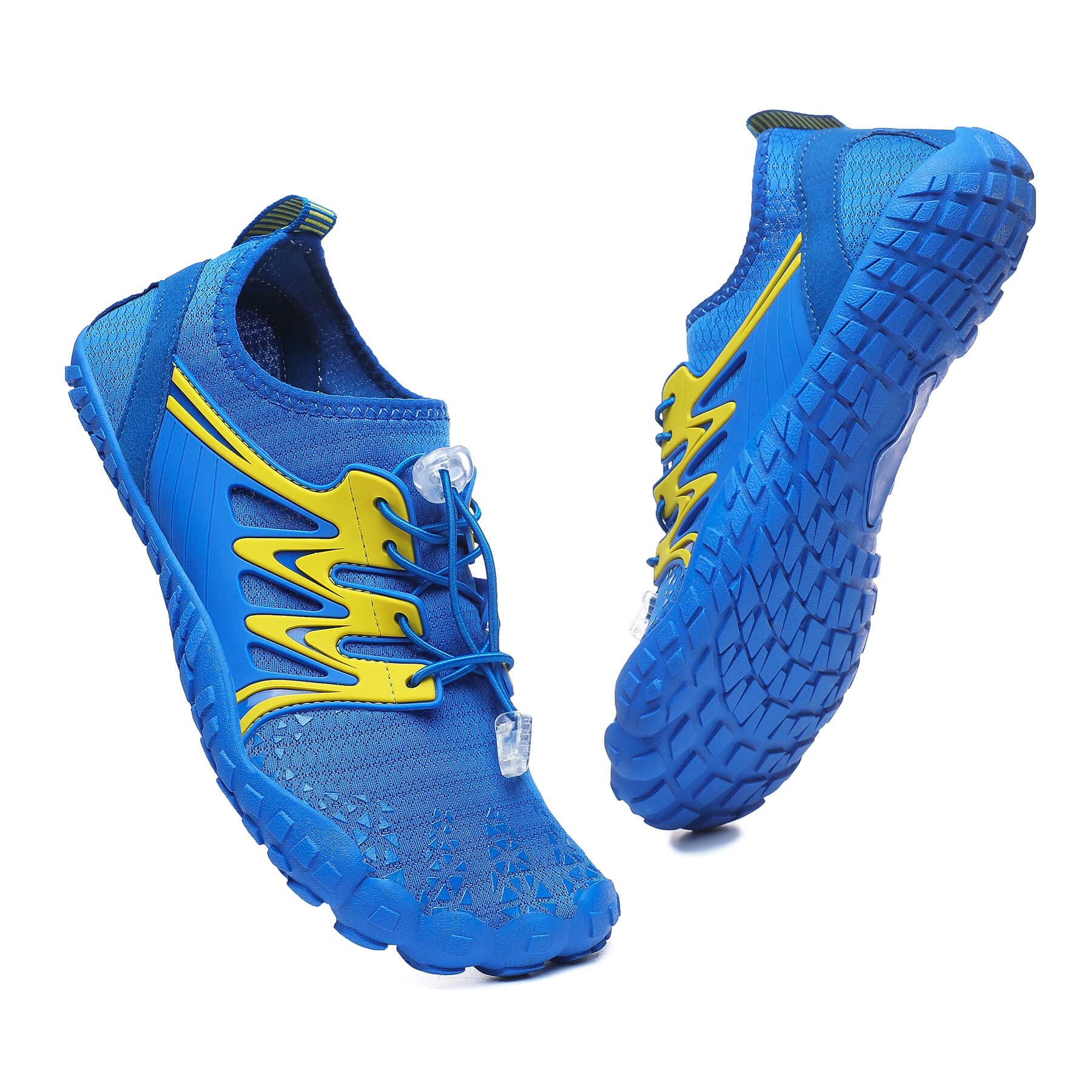 Blue craques quick-dry water shoes for men and women with yellow accents and textured sole