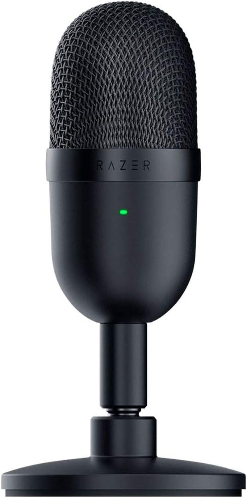 Razer Seiren Mini USB condenser microphone in black with compact desktop stand and green indicator light