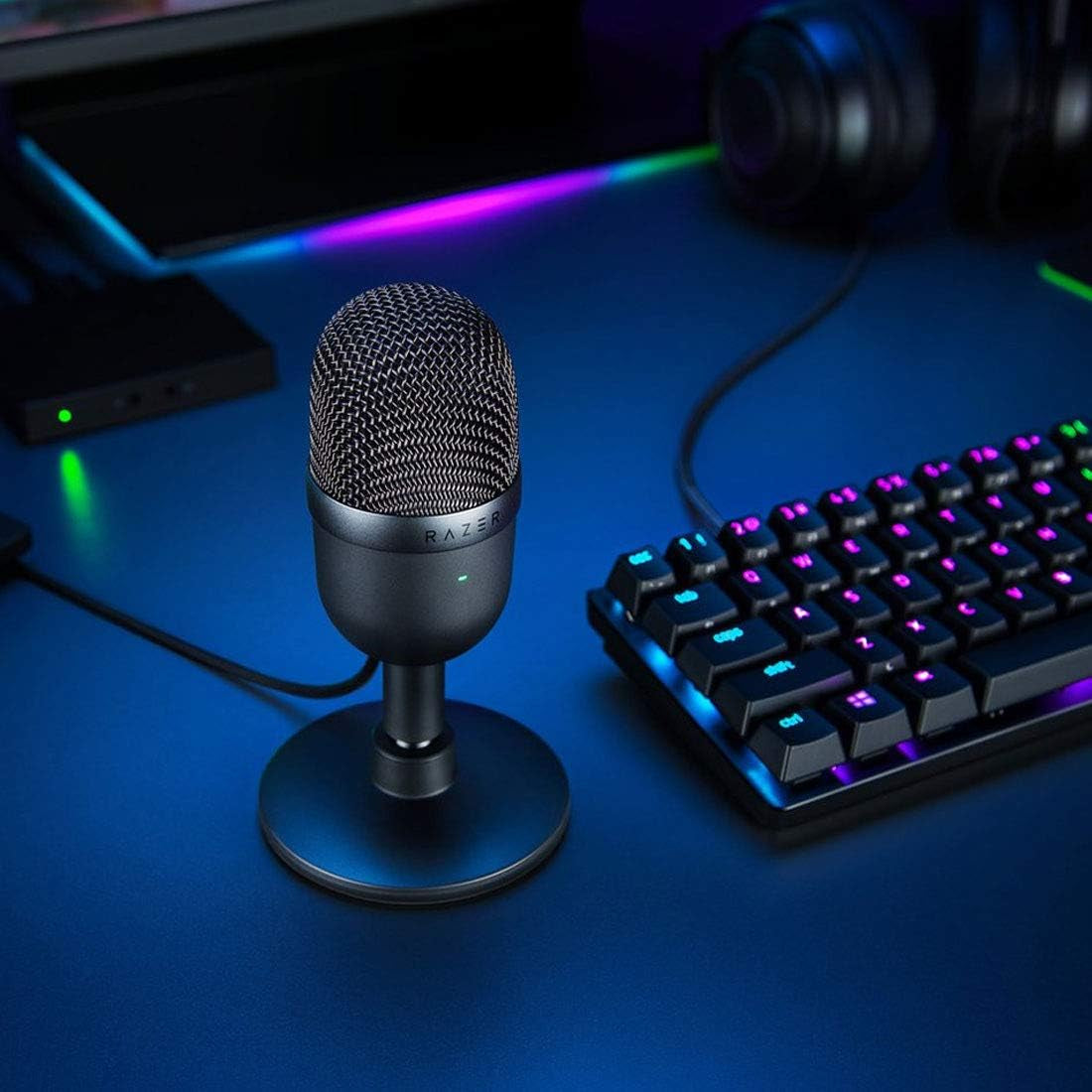 Seiren Mini USB condenser microphone on desk next to RGB keyboard and headphones