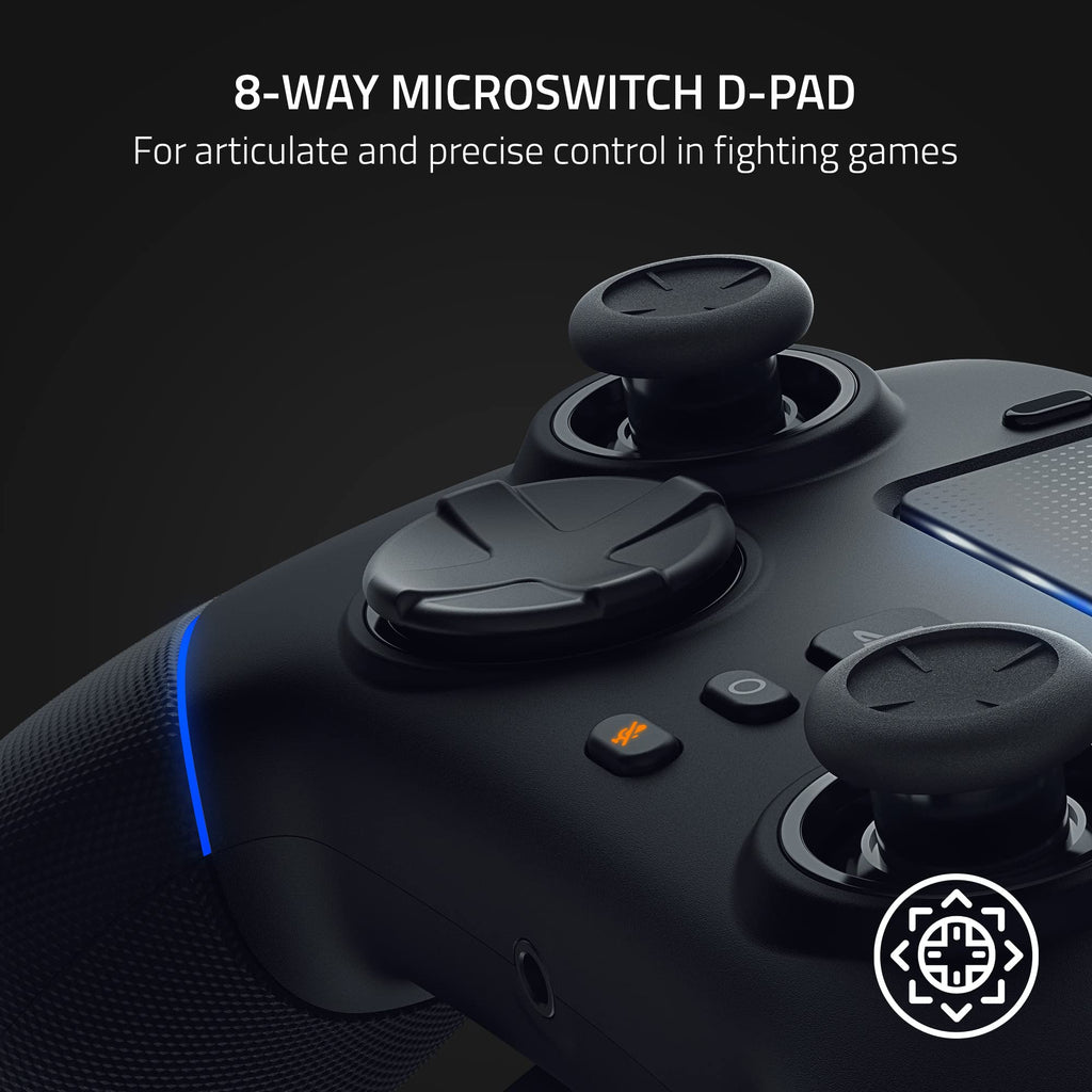 Close-up of the 8-way microswitch D-pad on the Razer Wolverine V2 Pro PS5 controller showing precise control features