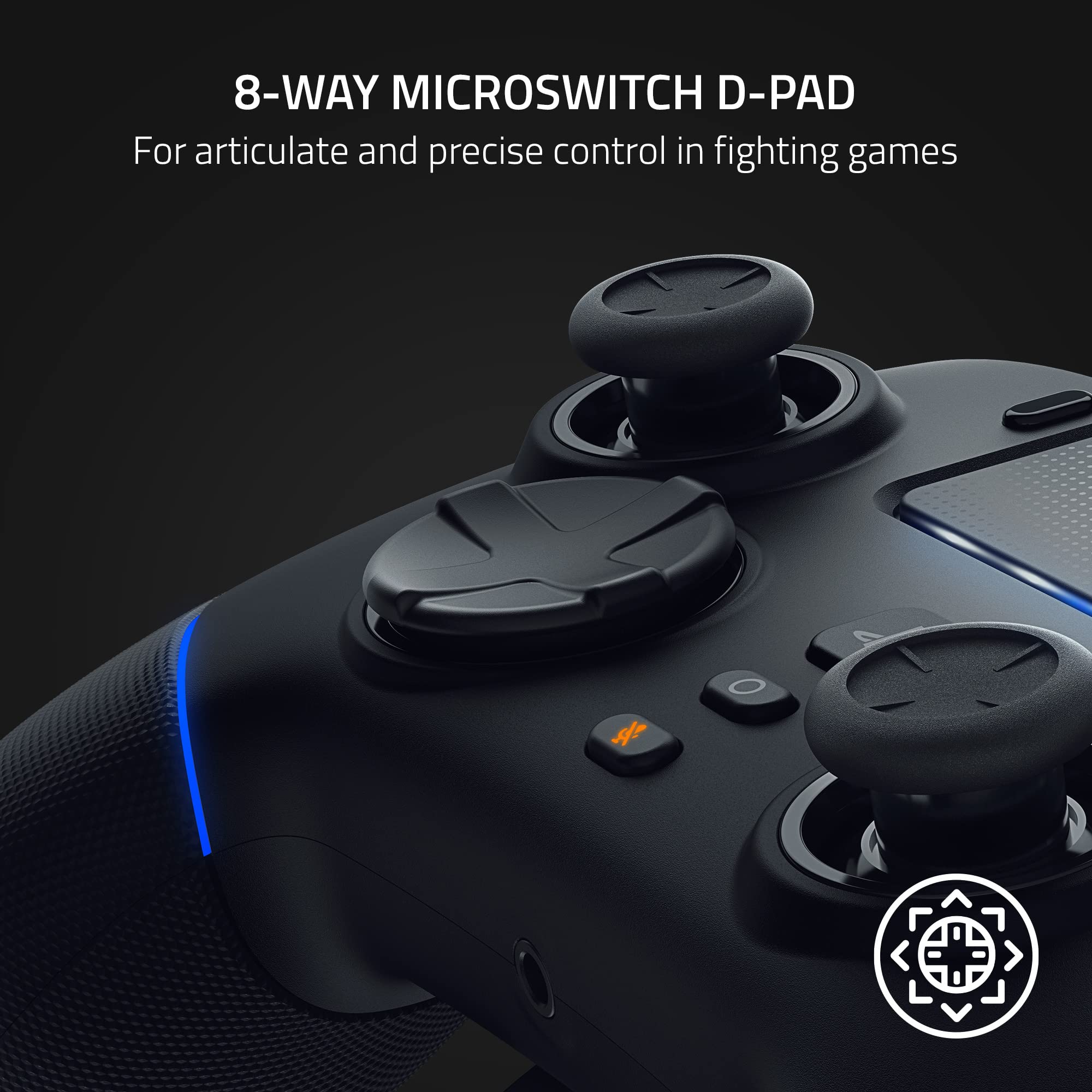 Close-up of the 8-way microswitch D-pad on the Razer Wolverine V2 Pro PS5 controller showing precise control features