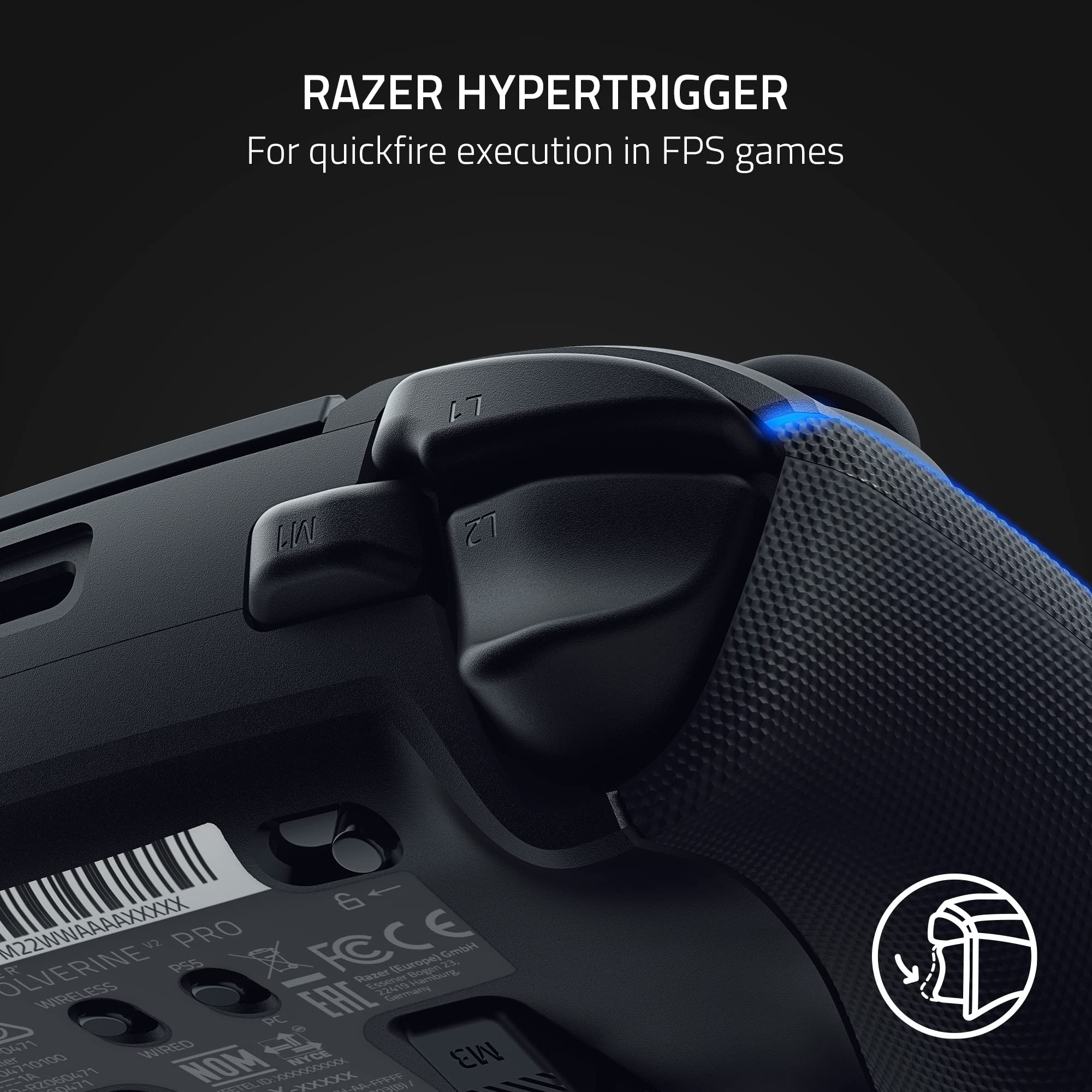 Close-up of Razer Wolverine V2 Pro PS5 controller with HyperTrigger buttons for quickfire FPS gameplay