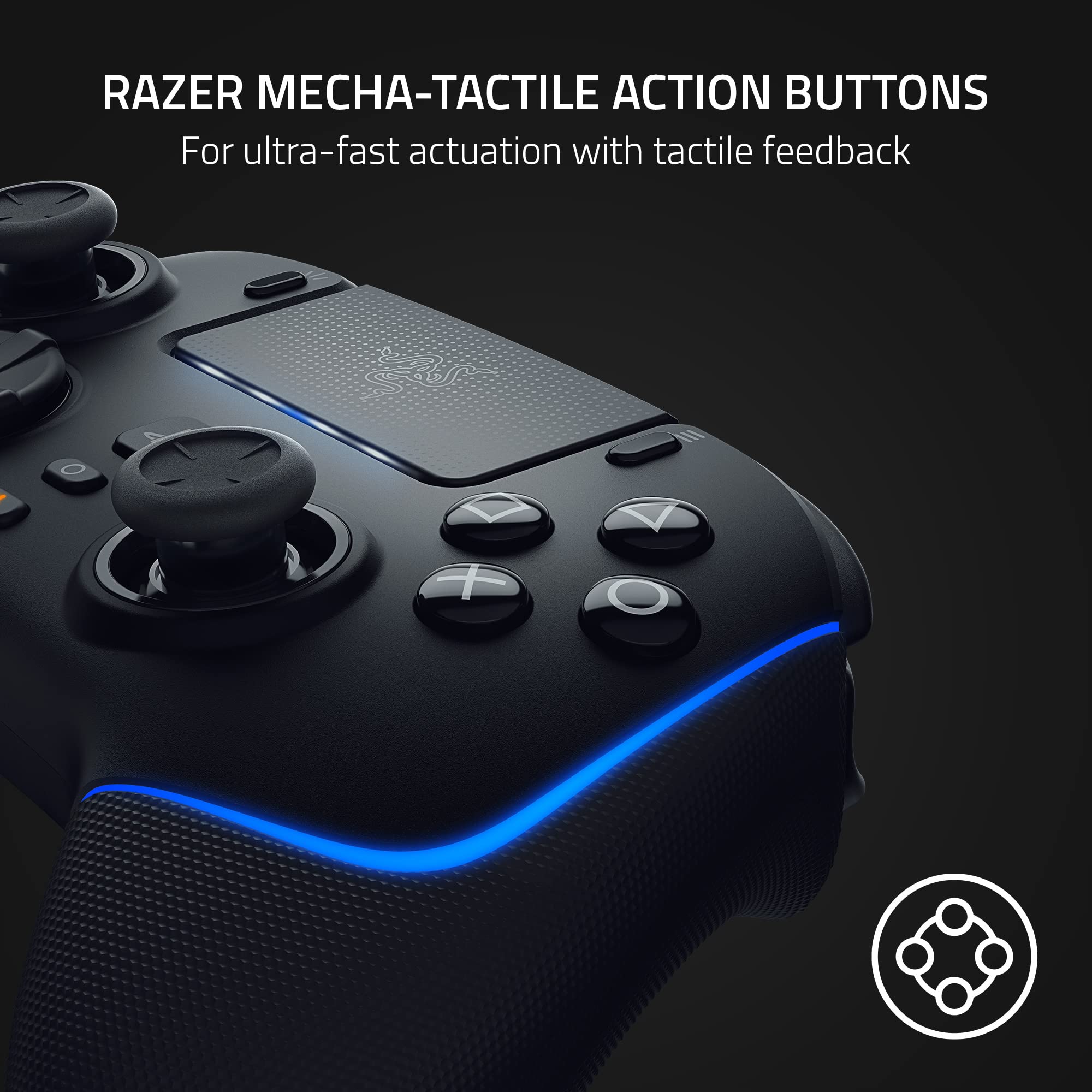 Close-up of Razer Wolverine V2 Pro PS5 controller showing mecha-tactile action buttons with blue light accents