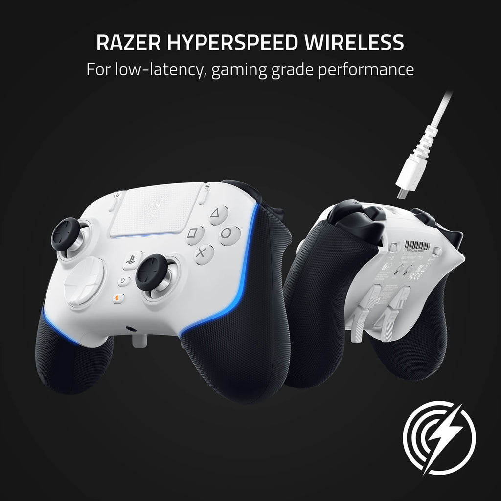 Razer Wolverine V2 Pro PS5 controller wireless white and black design with customizable buttons and USB charging cable