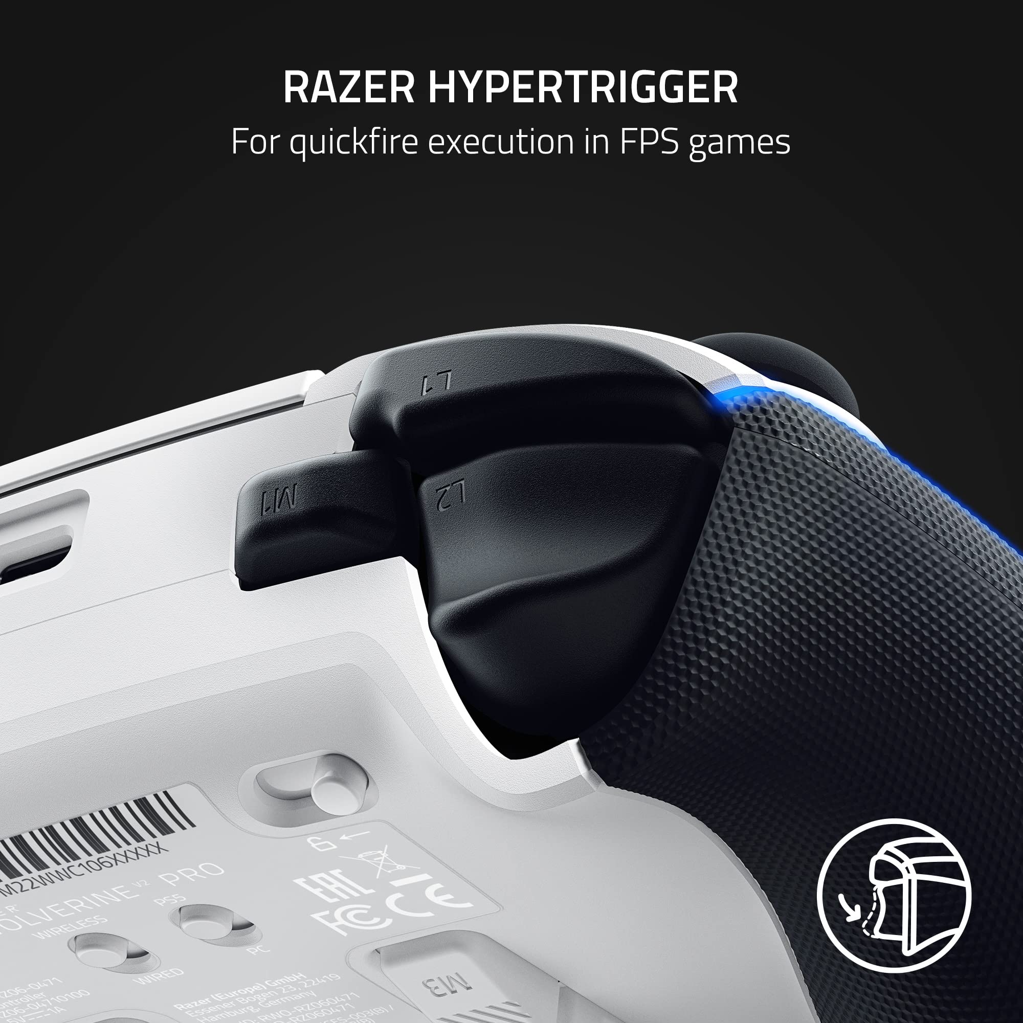 Close-up of Razer Wolverine V2 Pro PS5 controller's black HyperTrigger buttons for FPS games