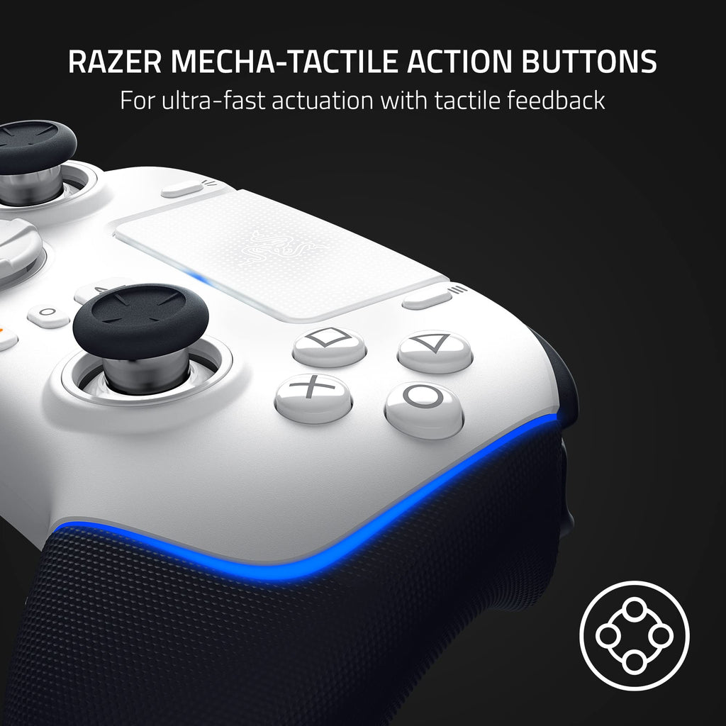 White Razer Wolverine V2 Pro PS5 controller showing mecha-tactile action buttons and textured grips