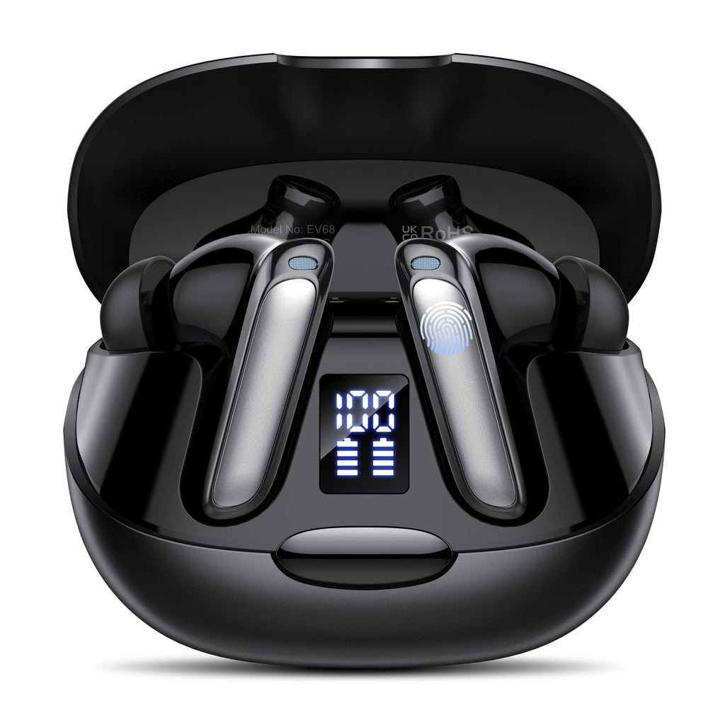 Craques real time translation earbuds in black with digital battery display in charging case