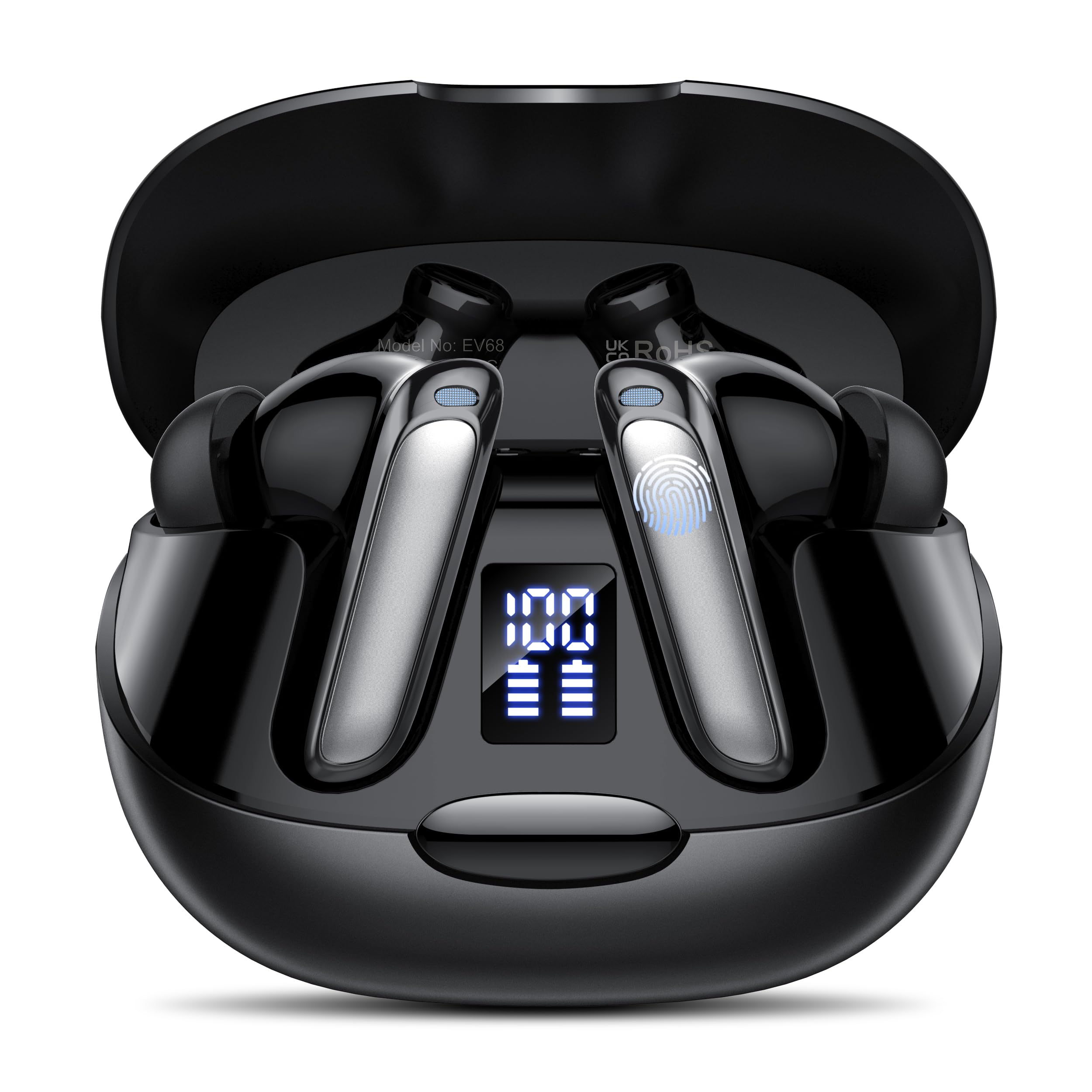 Craques real time translation earbuds in black with digital battery display in charging case