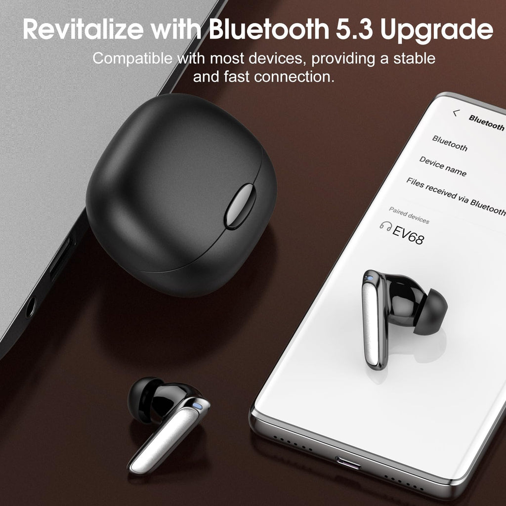 Craques real time translation earbuds with Bluetooth 5.3 and charging case next to smartphone