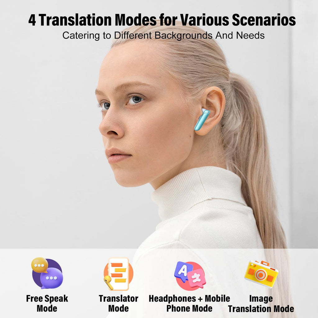 Craques real time translation earbuds shown worn by woman highlighting four translation modes