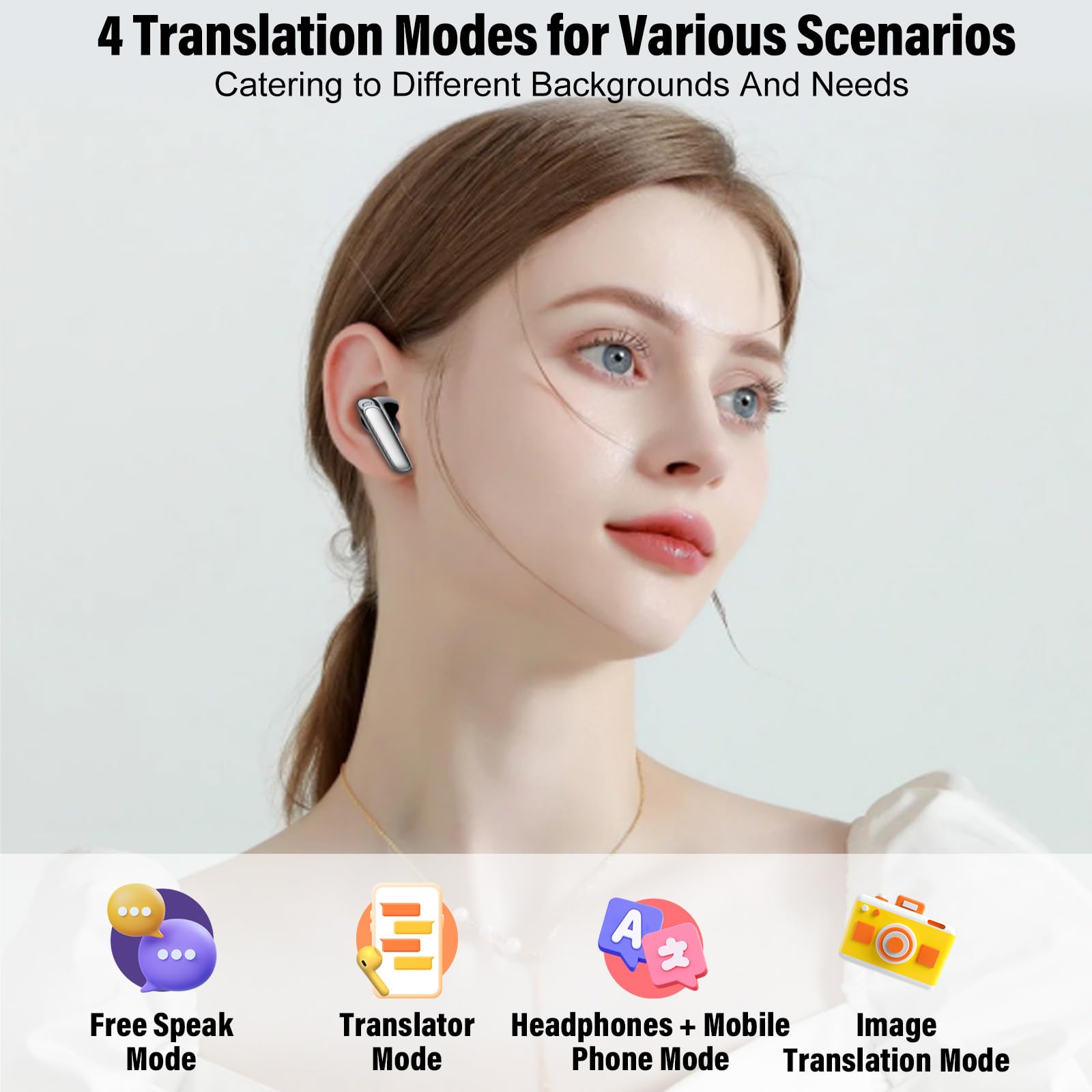 Craques real time translation earbuds worn by woman showcasing four translation modes including Free Speak and Image Translation