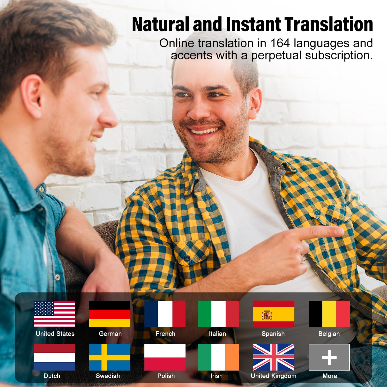 Two men having a conversation using real time translation earbuds with multiple language options shown