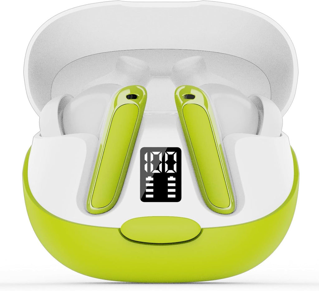Craques green and white real time translation earbuds in charging case with digital battery display