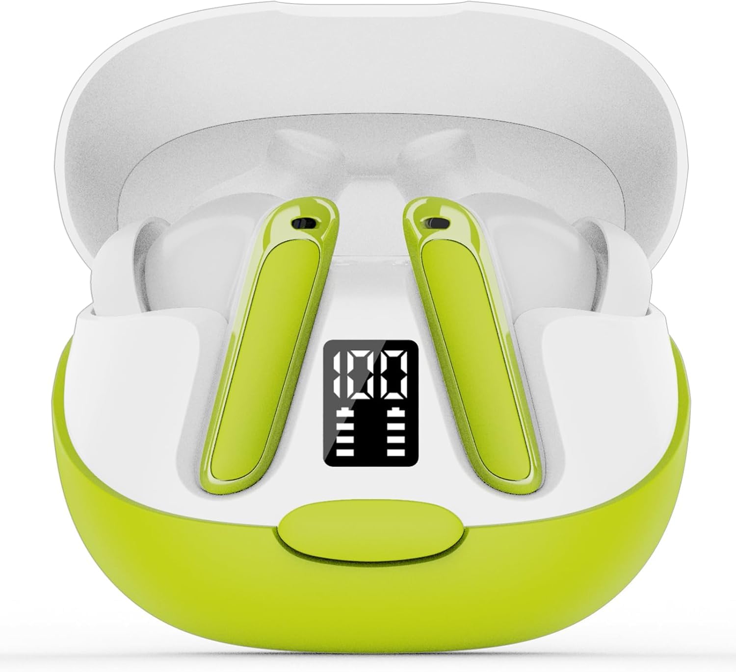 Craques green and white real time translation earbuds in charging case with digital battery display