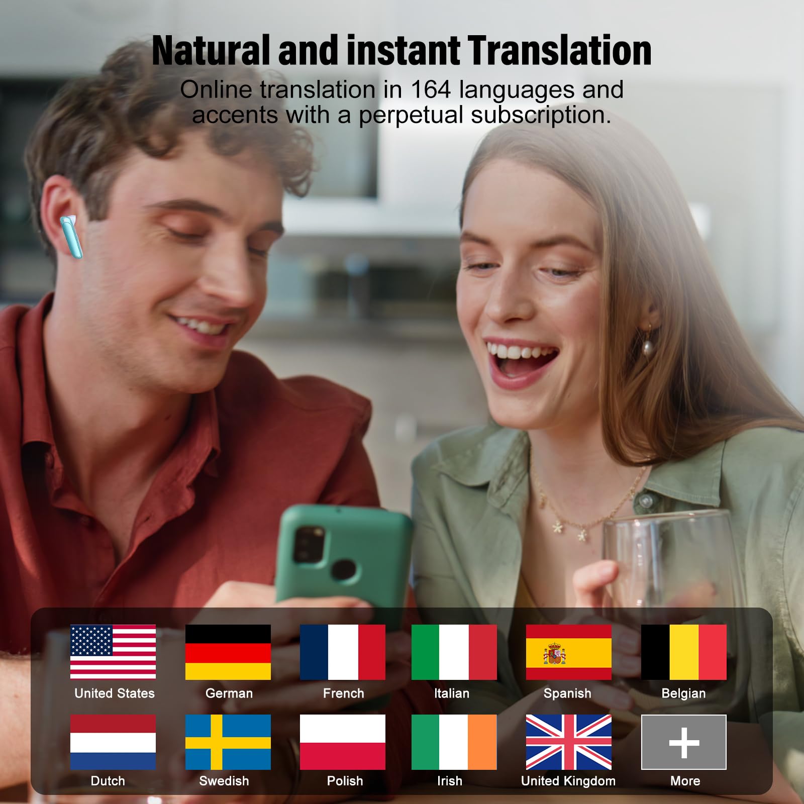 Happy young man and woman using real time translation earbuds for instant language translation