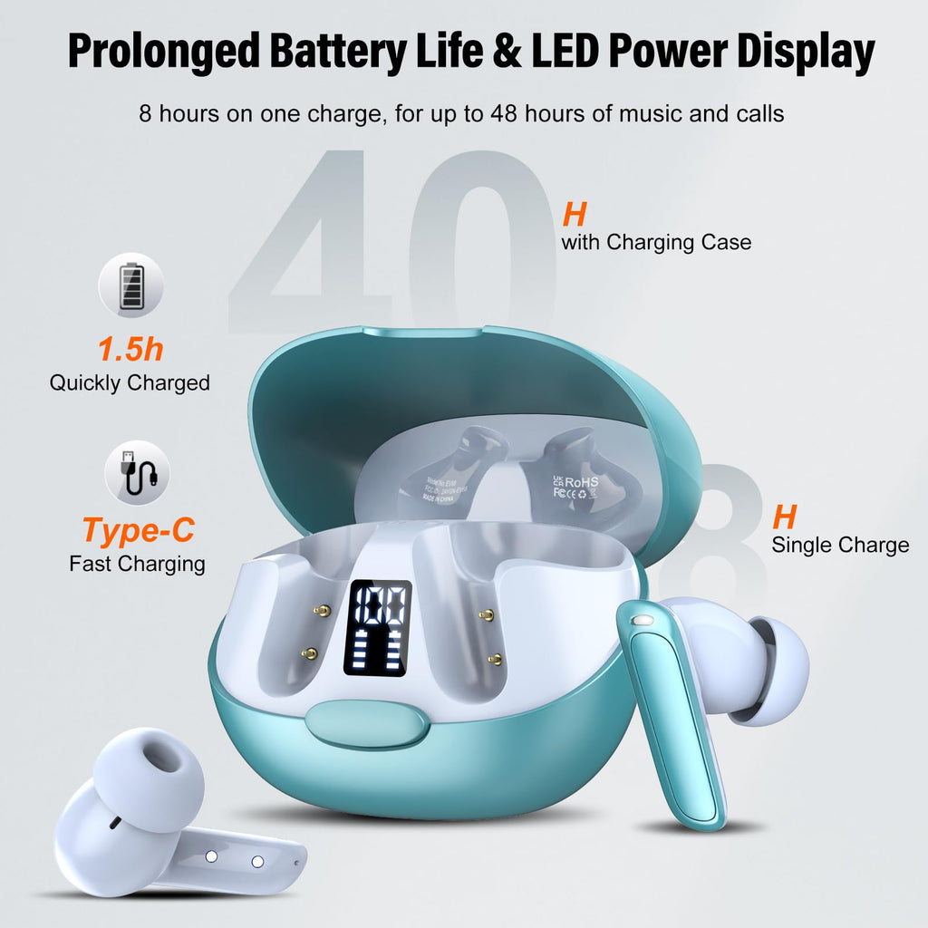 craques real time translation earbuds in teal with charging case showing LED power display and fast charging features