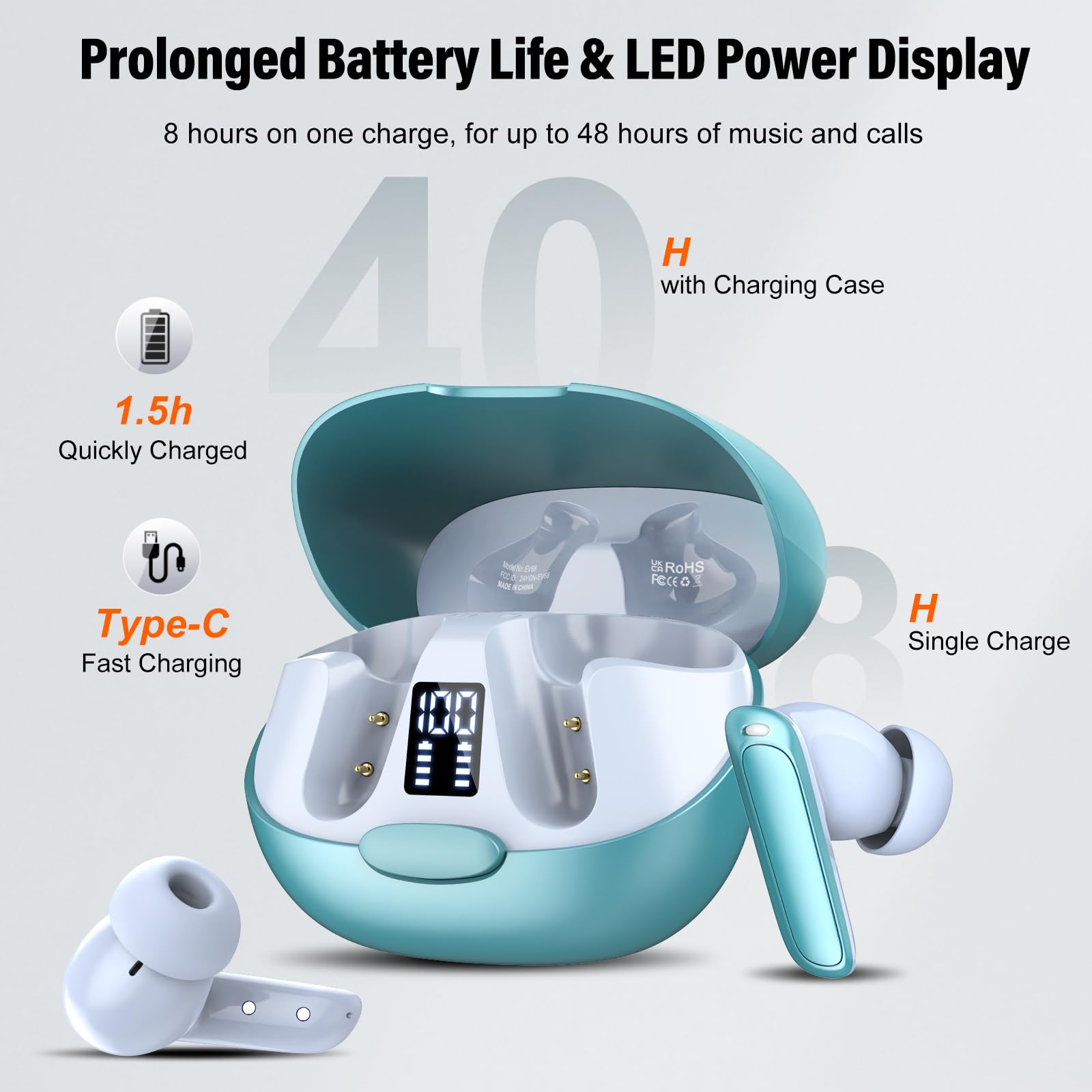 craques real time translation earbuds in teal with charging case showing LED power display and fast charging features