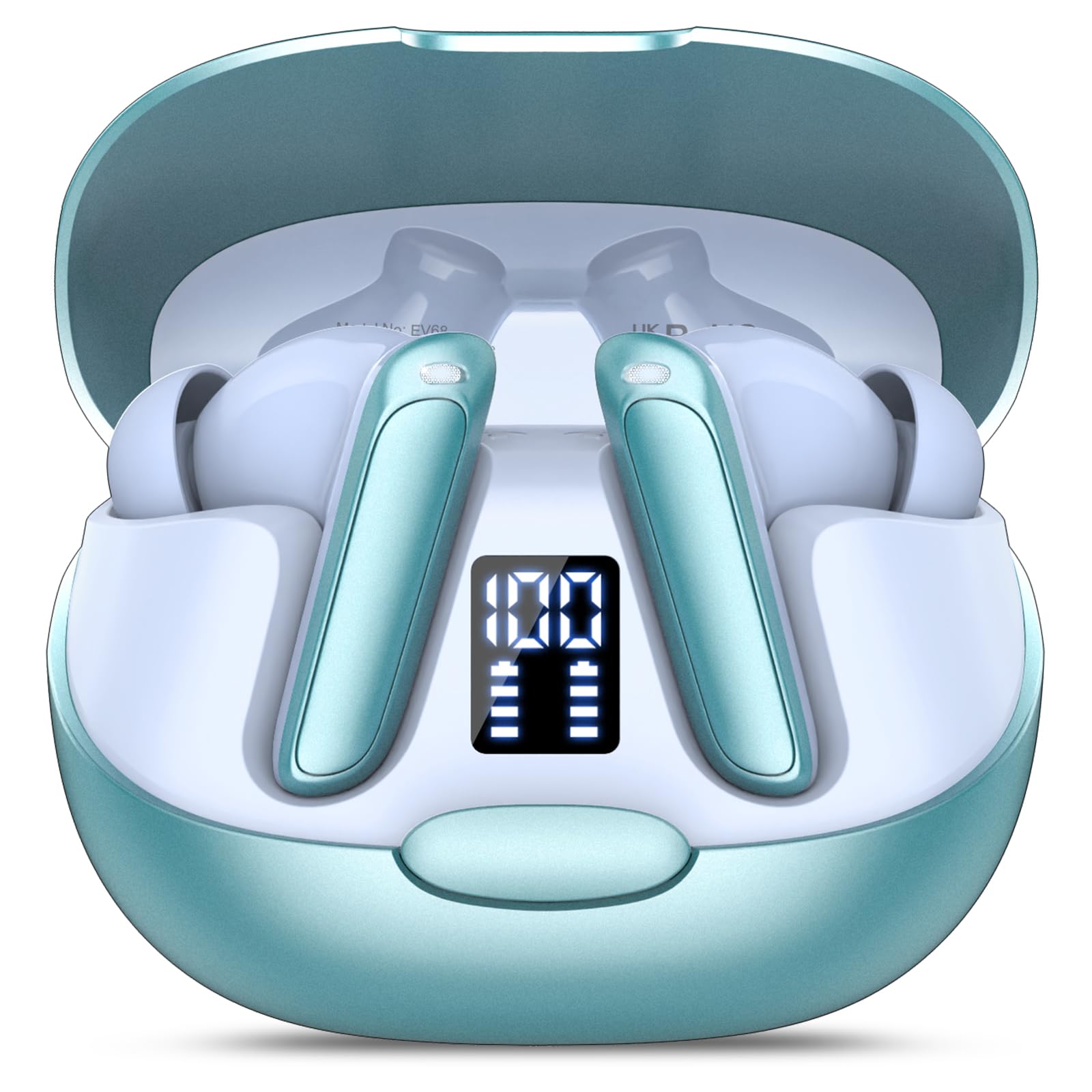 Craques real time translation earbuds in teal with charging case and digital battery display