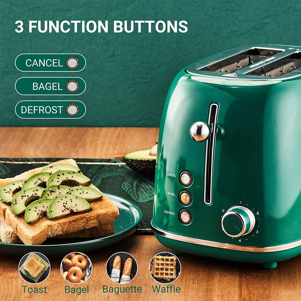 Green retro stainless steel toaster with three function buttons next to avocado toast on a plate