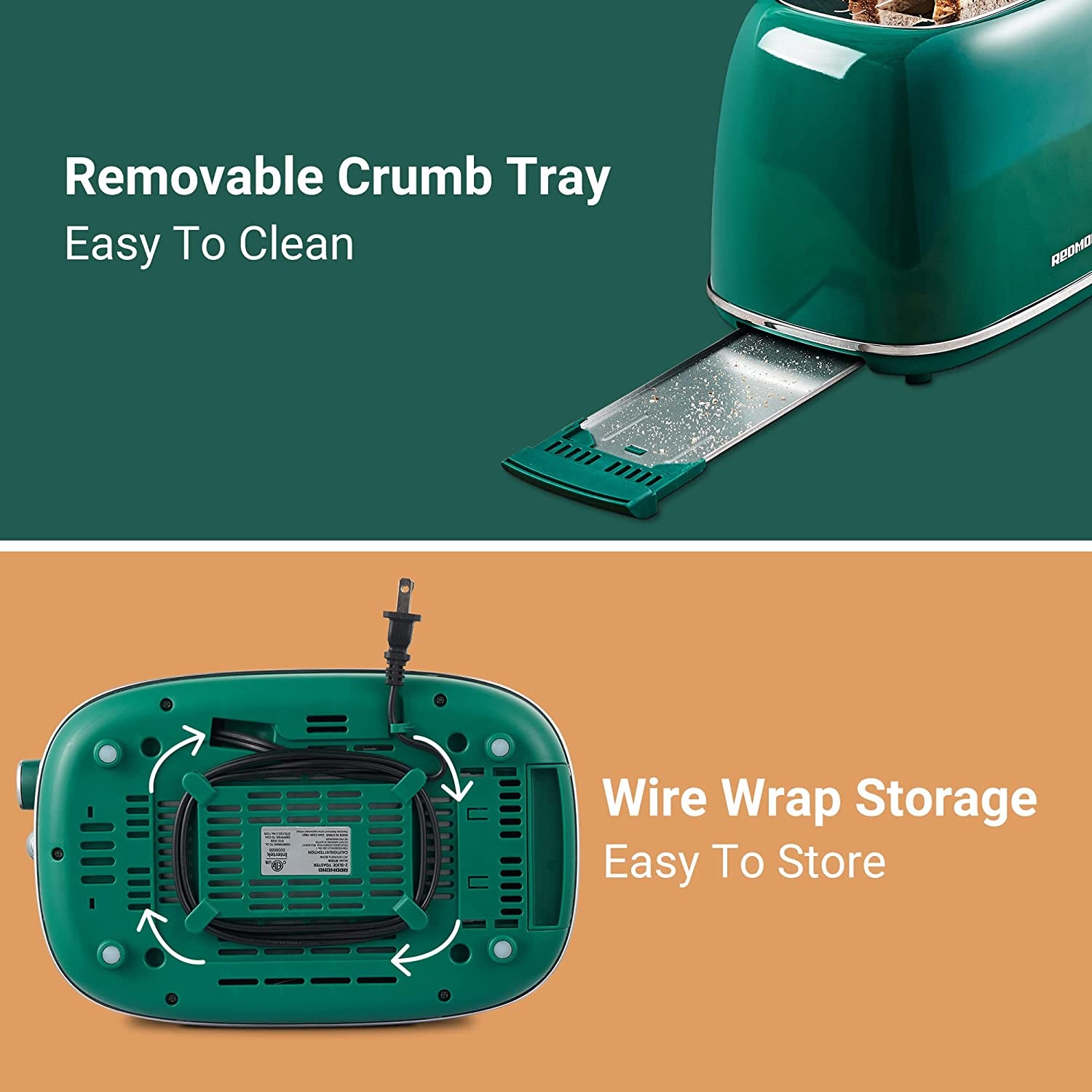 Retro stainless steel toaster in green showing removable crumb tray and wire wrap storage features