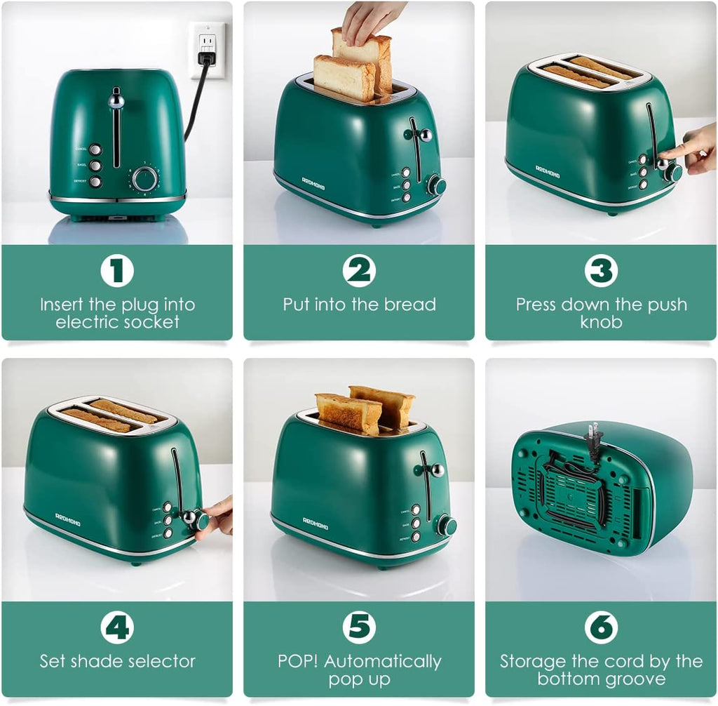 craques retro stainless steel toaster in green showing step-by-step bread toasting process and storage features