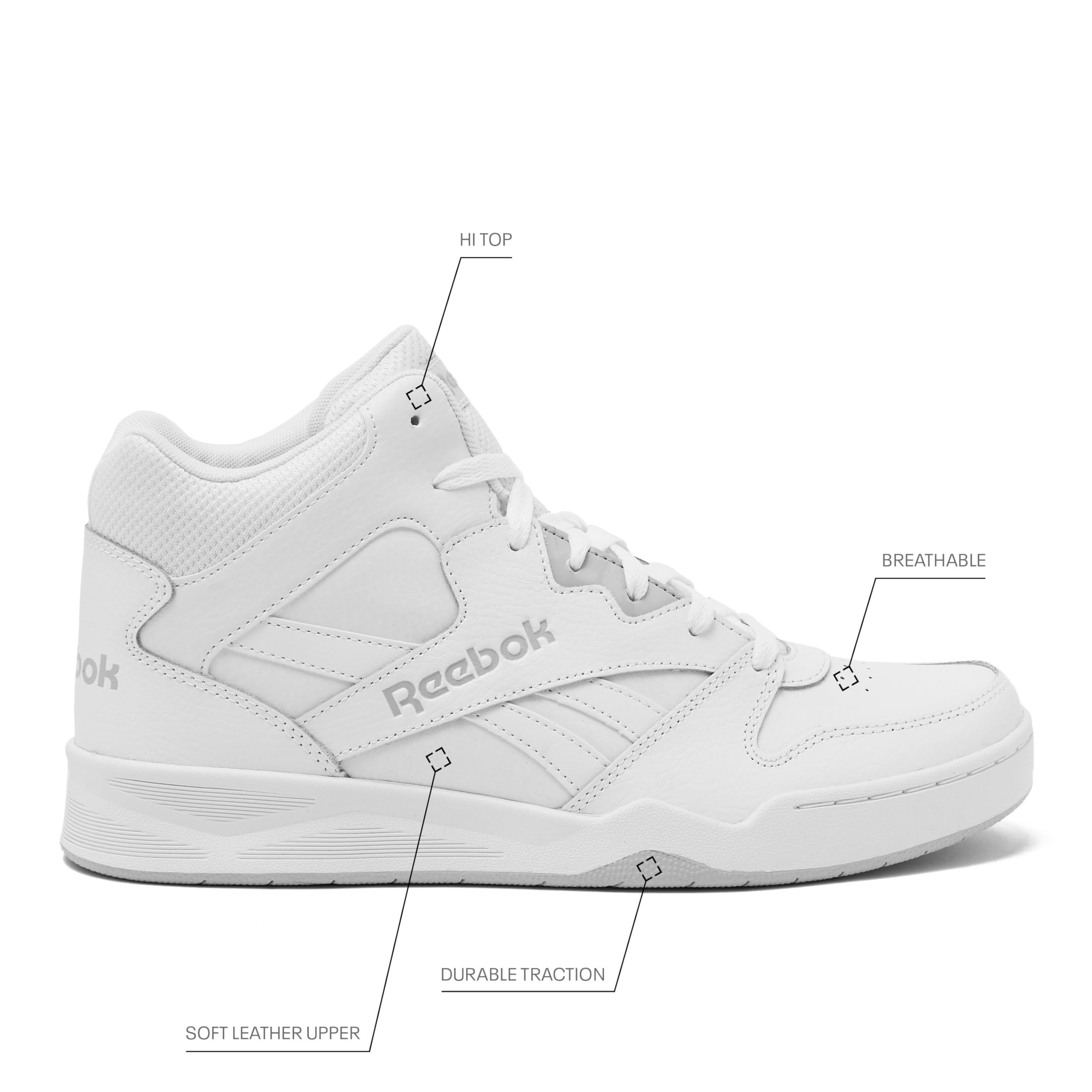 White Reebok basketball shoes for men with soft leather upper, durable traction, breathable design, and high top style