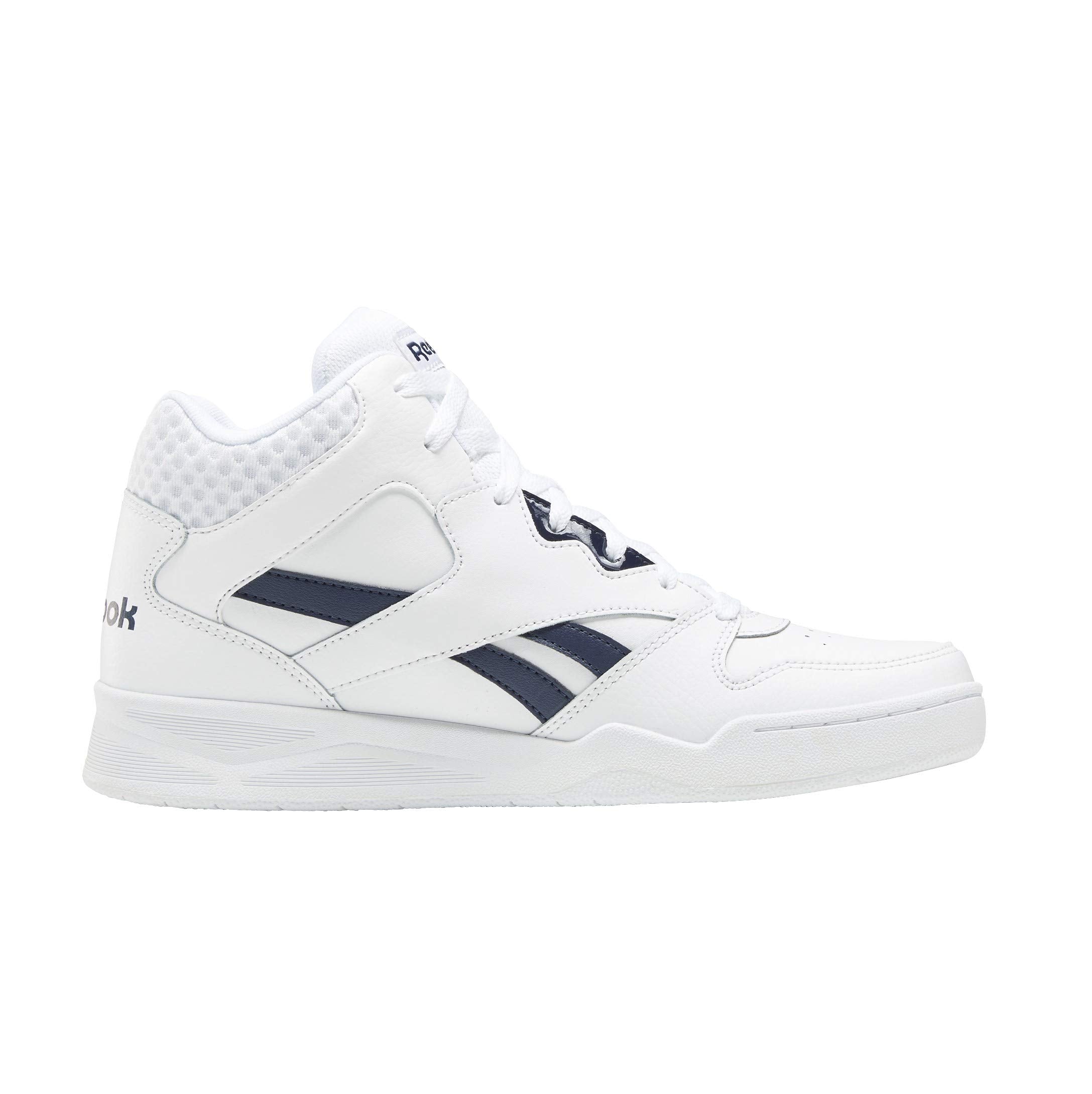 White Reebok basketball shoes for men with black accents and high-top design for ankle support
