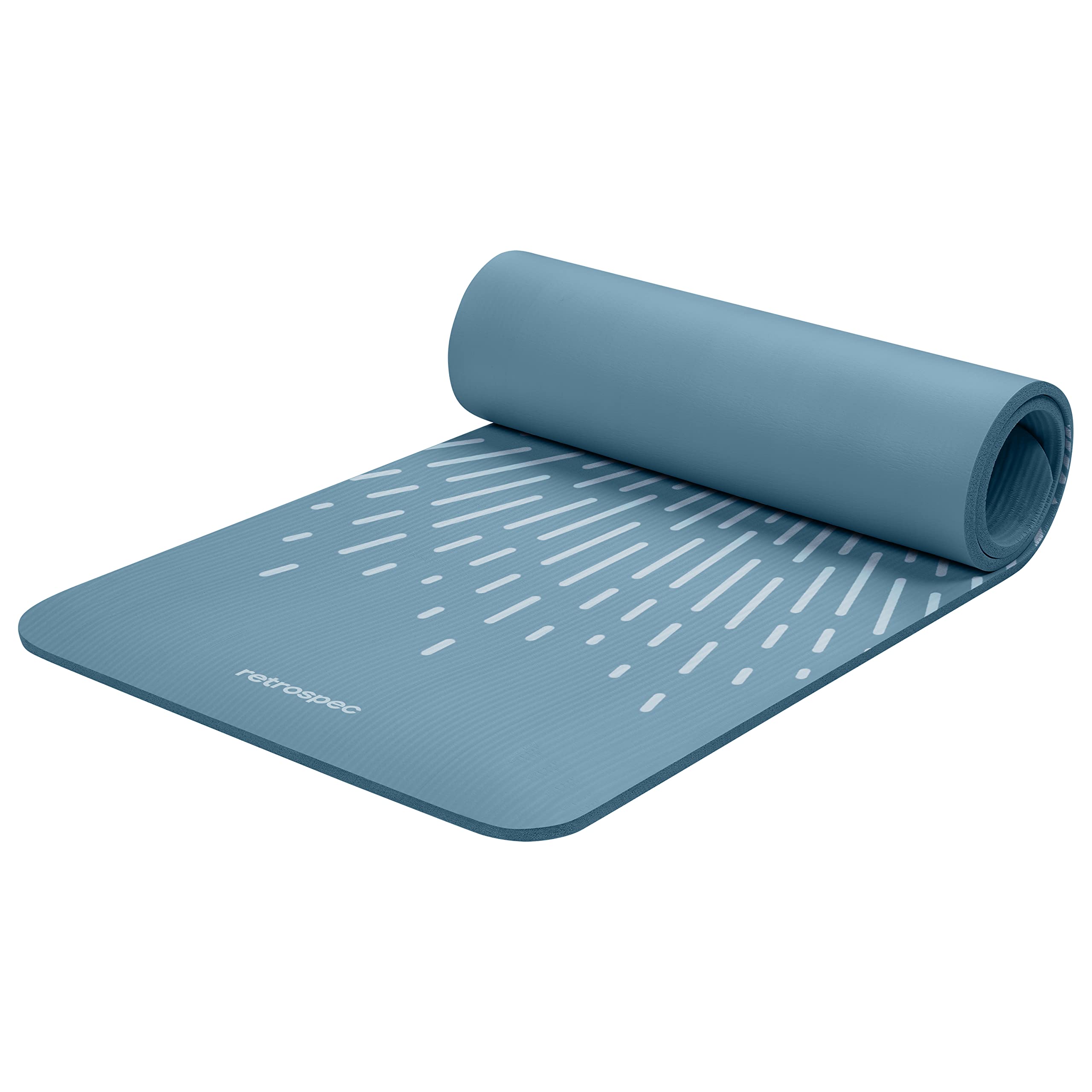 Blue Retrospec Solana yoga mat partially rolled with white stripe design on top surface