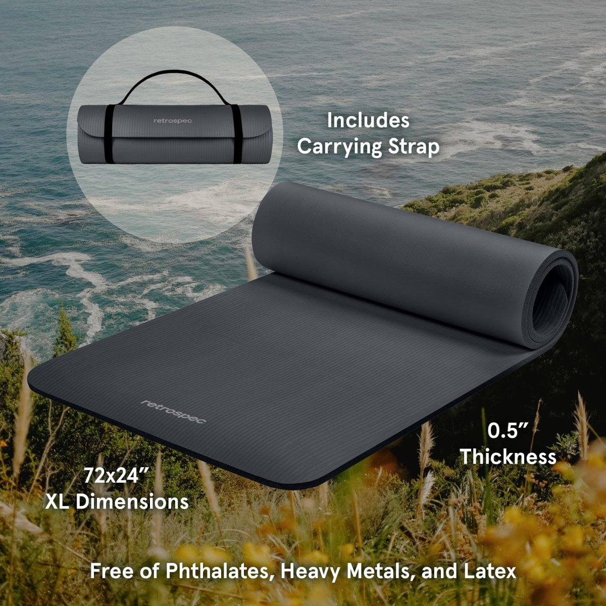 Retrospec Solana yoga mat 72x24 inches with 0.5 inch thickness and carrying strap on a nature background
